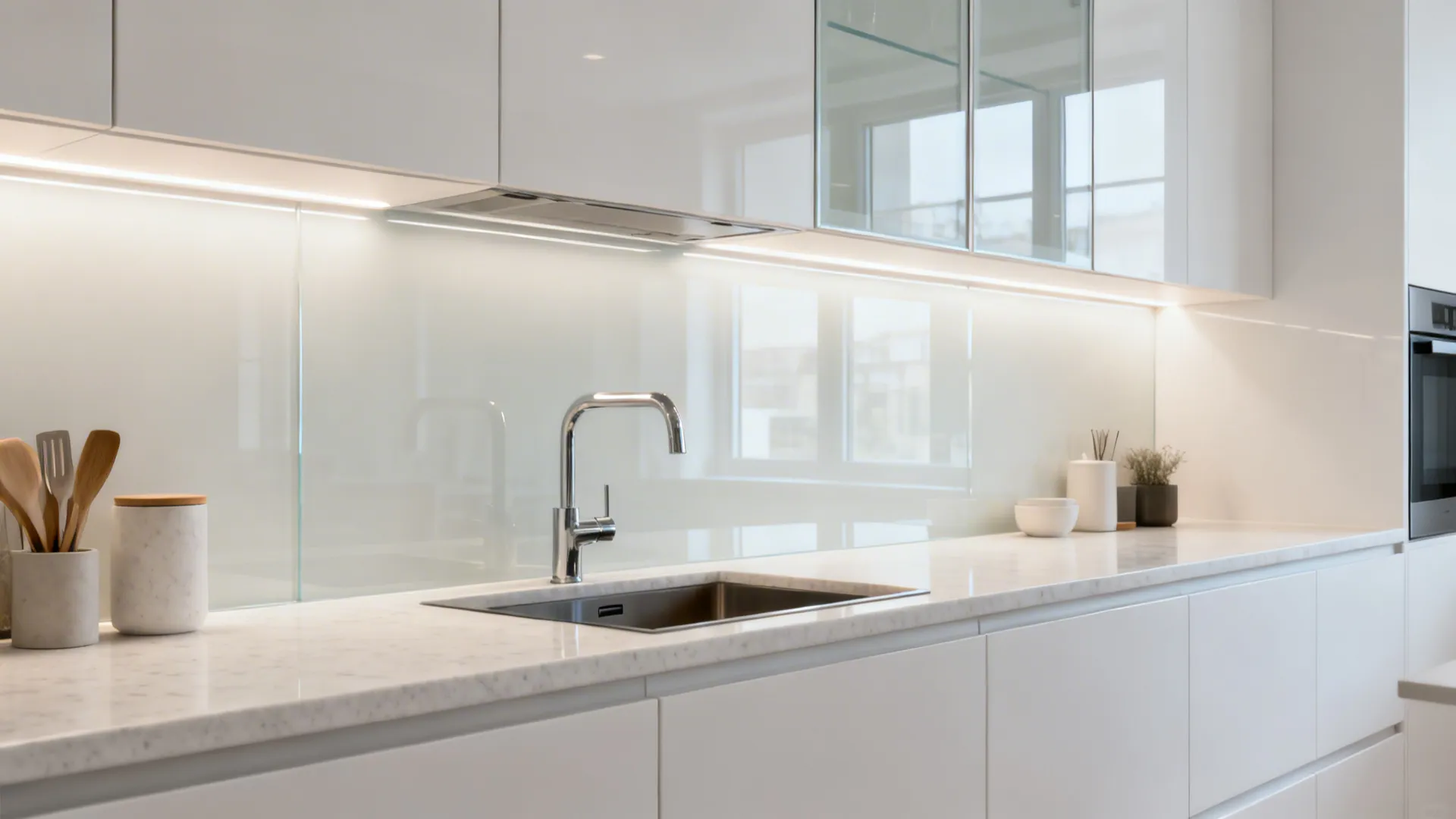 Small modern kitchen with low-iron back-painted glass backsplash reflecting layered lighting.