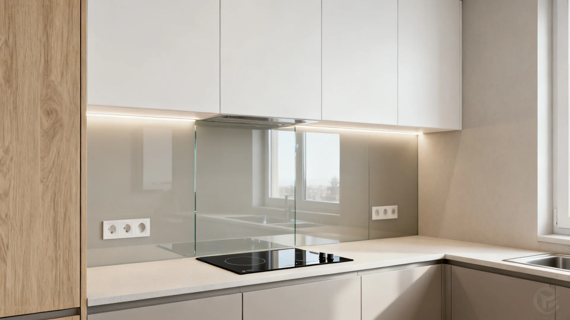 Seamless glass backsplash reflecting soft LED light in a compact matte white kitchen.