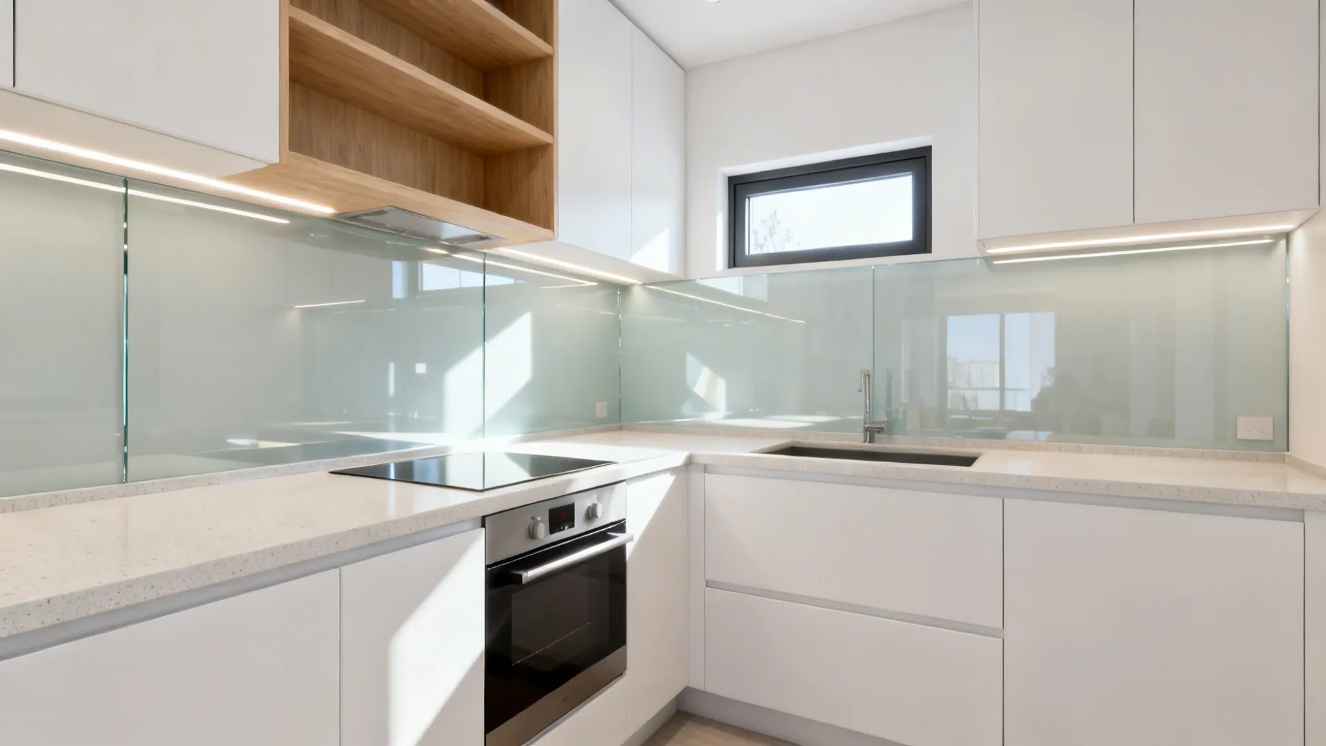 Glossy low-iron glass backsplash reflects daylight in a small north-facing kitchen with pale counters.