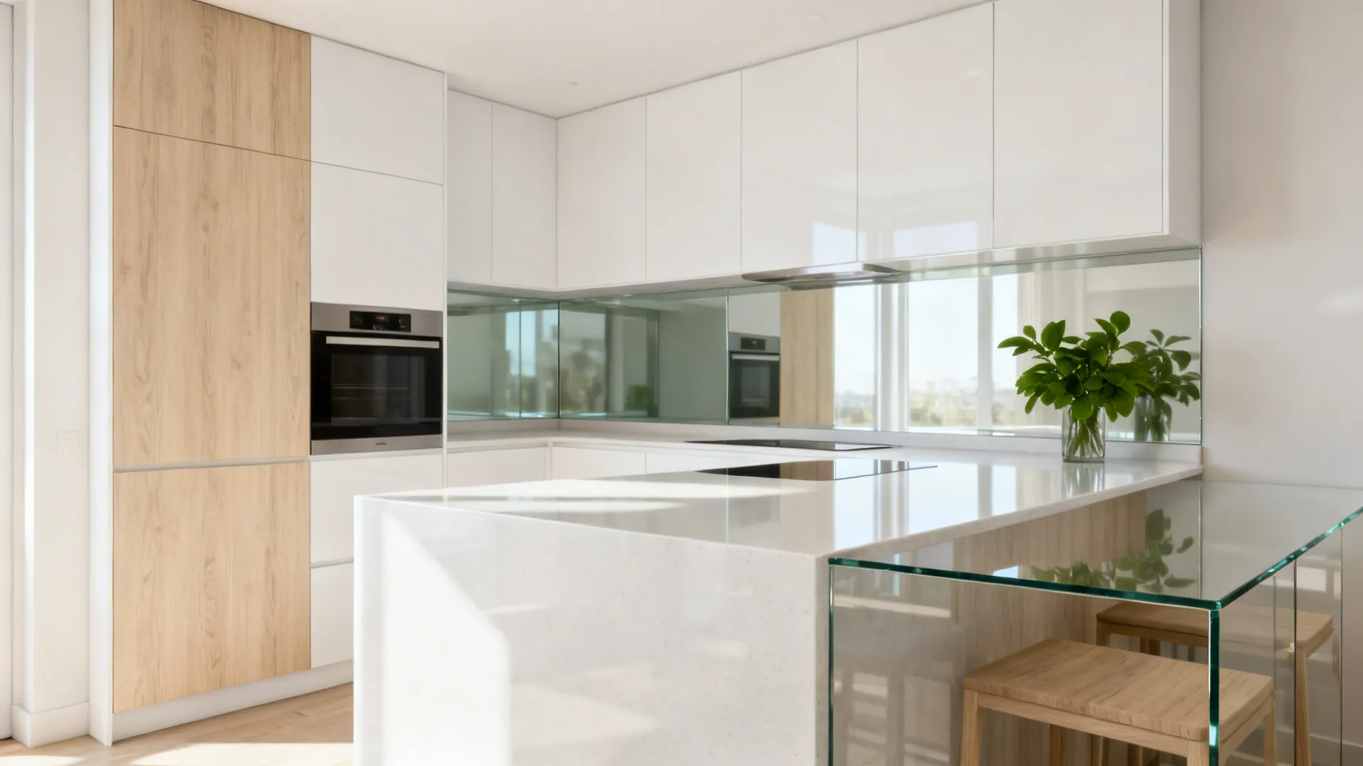 Bright compact kitchen with a glass backsplash and light finishes around a modern island.