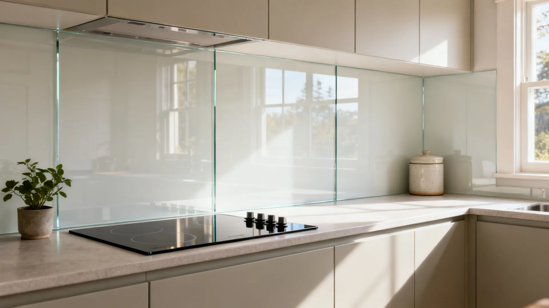 Seamless back-painted glass backsplash reflecting daylight in a small kitchen.