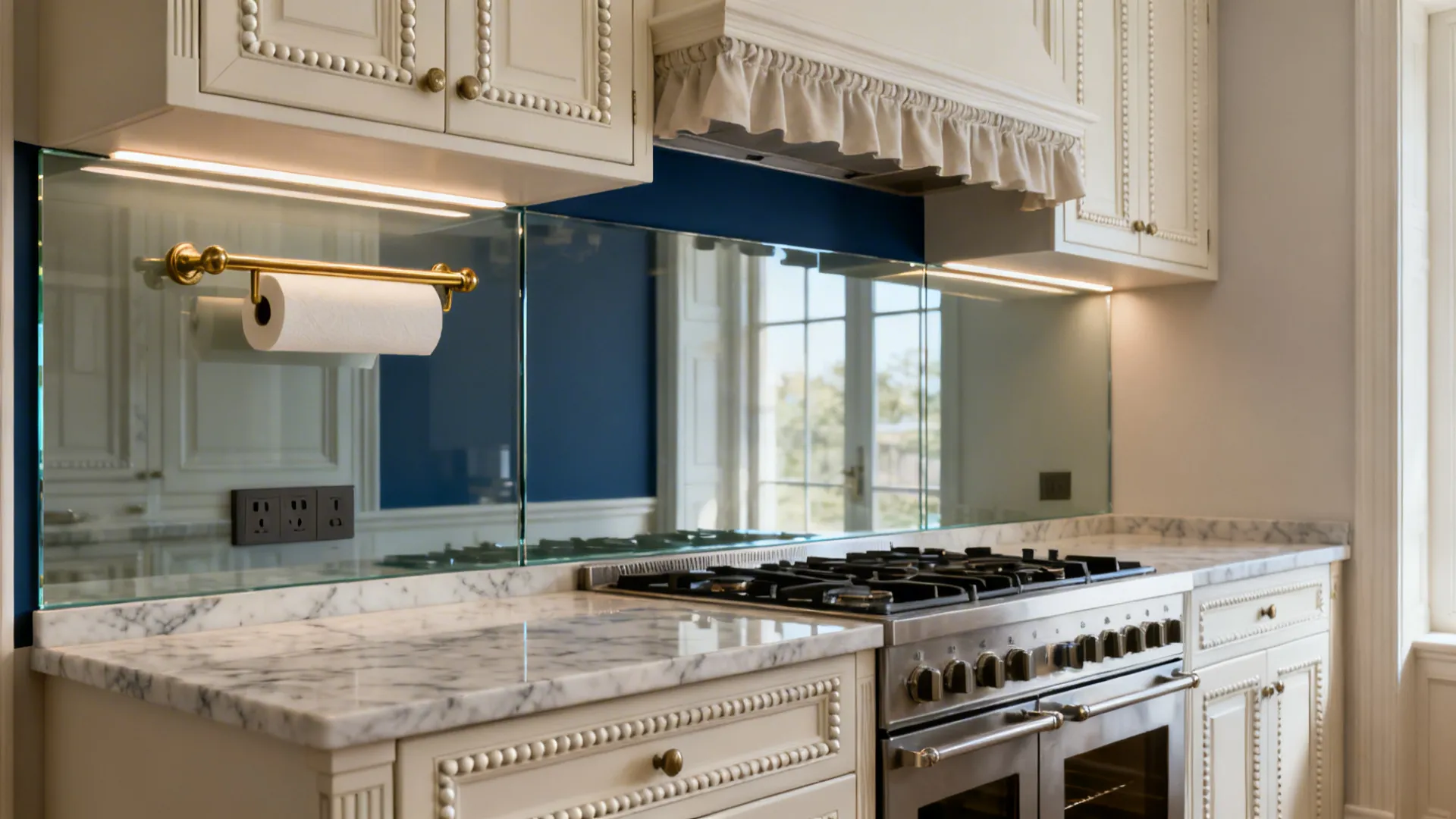 Low-iron glass backsplash reflecting daylight in a classical kitchen with framed cabinets and marble counters.