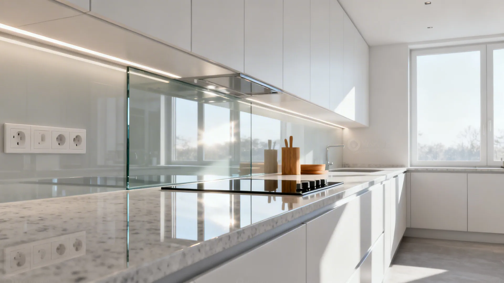 Low-iron tempered glass backsplash reflecting soft task lighting in a minimalist galley kitchen.