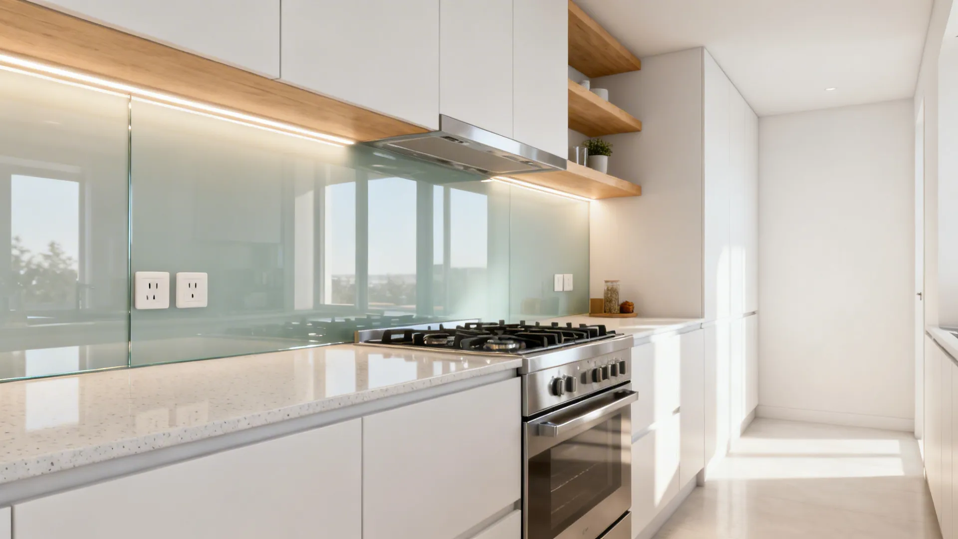 Small galley kitchen with a warm white full-height glass backsplash reflecting soft LED light.