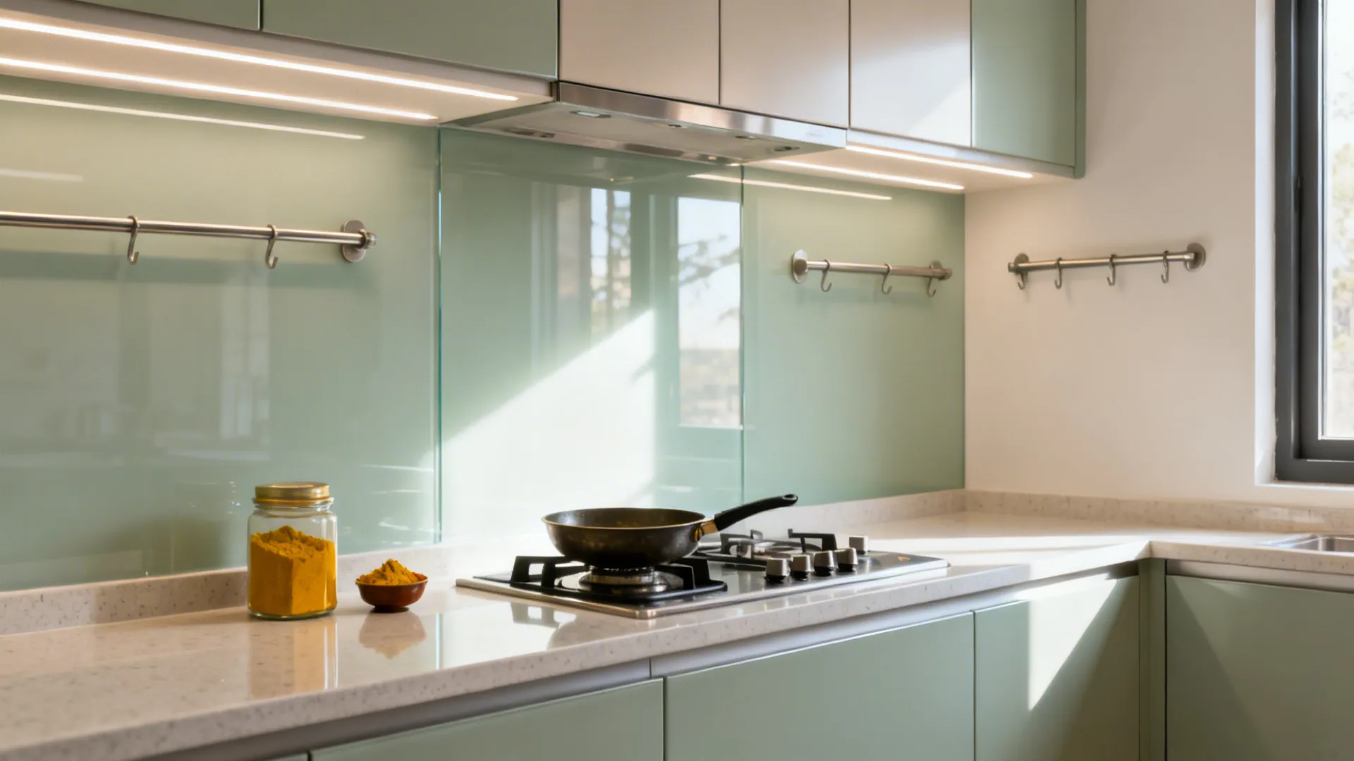Small kitchen with tempered glass backsplash and satin cabinets reflecting soft light.