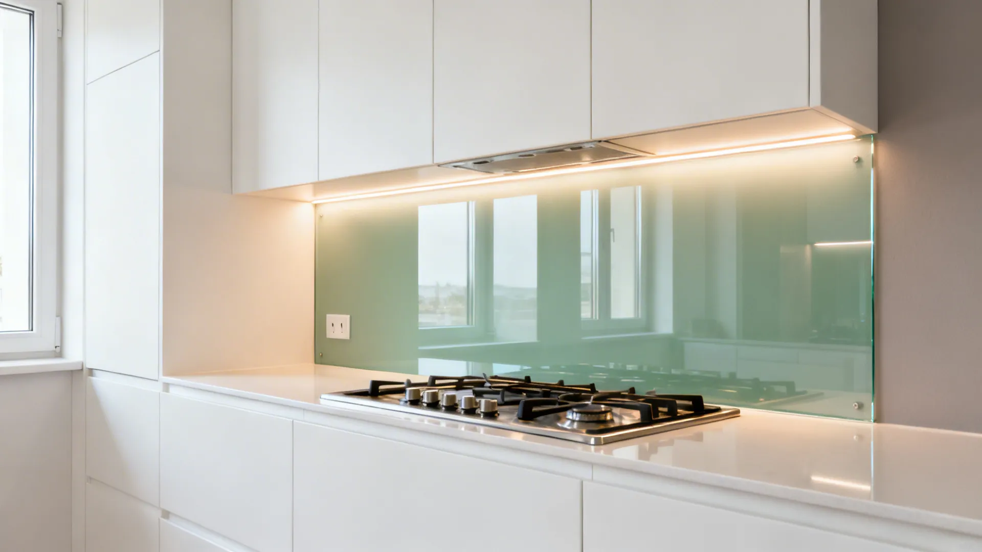 Glass backsplash to boost light and depth