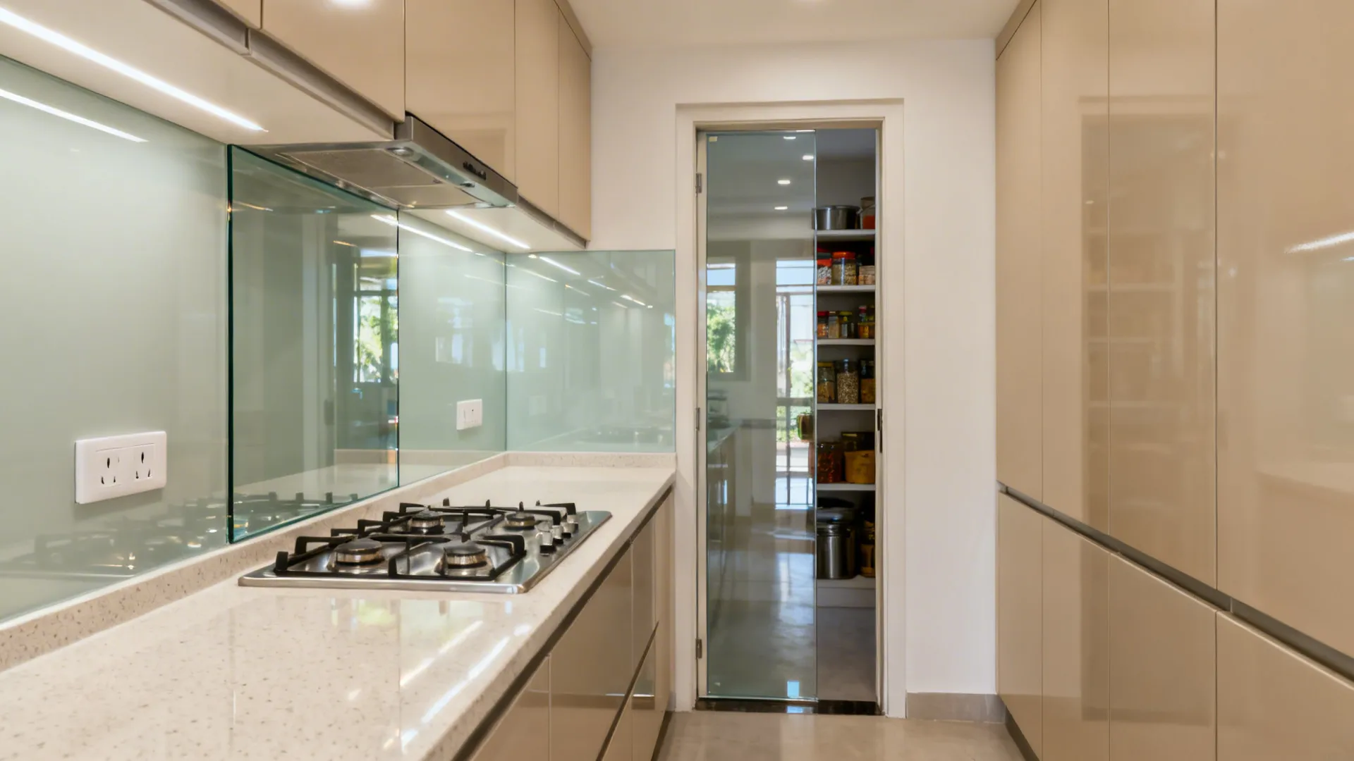 Glass backsplash to open up the store + cook zones