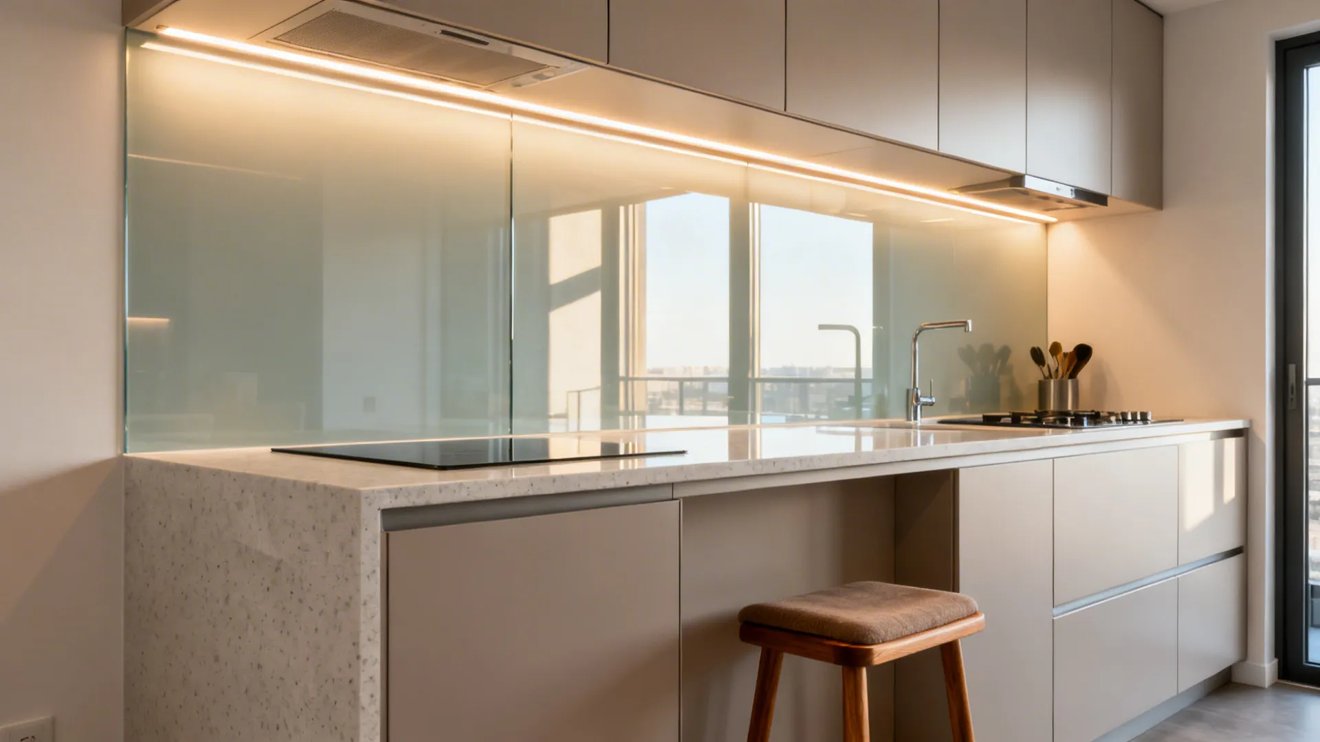 Micro-loft kitchen with glass backsplash and satin-lacquer fronts enhancing light.
