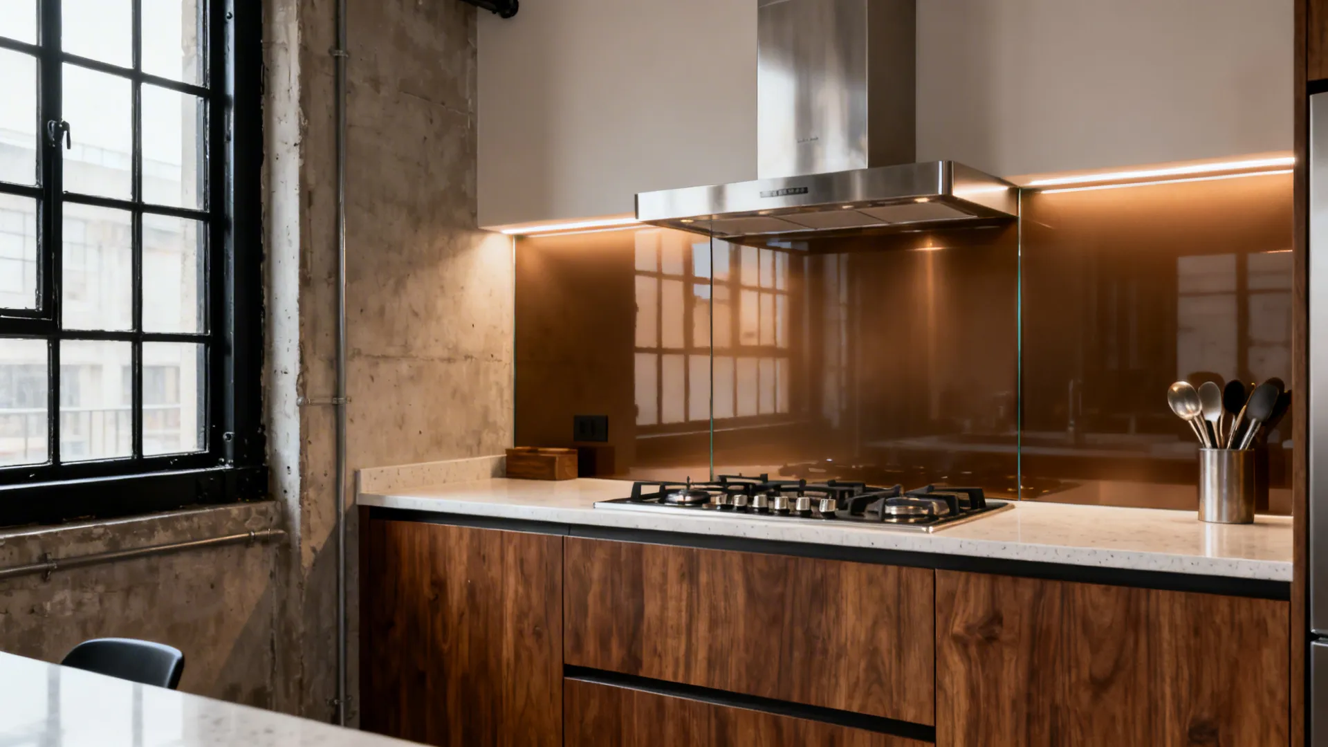 Glass backsplash for loft-wide light and easy cleanup