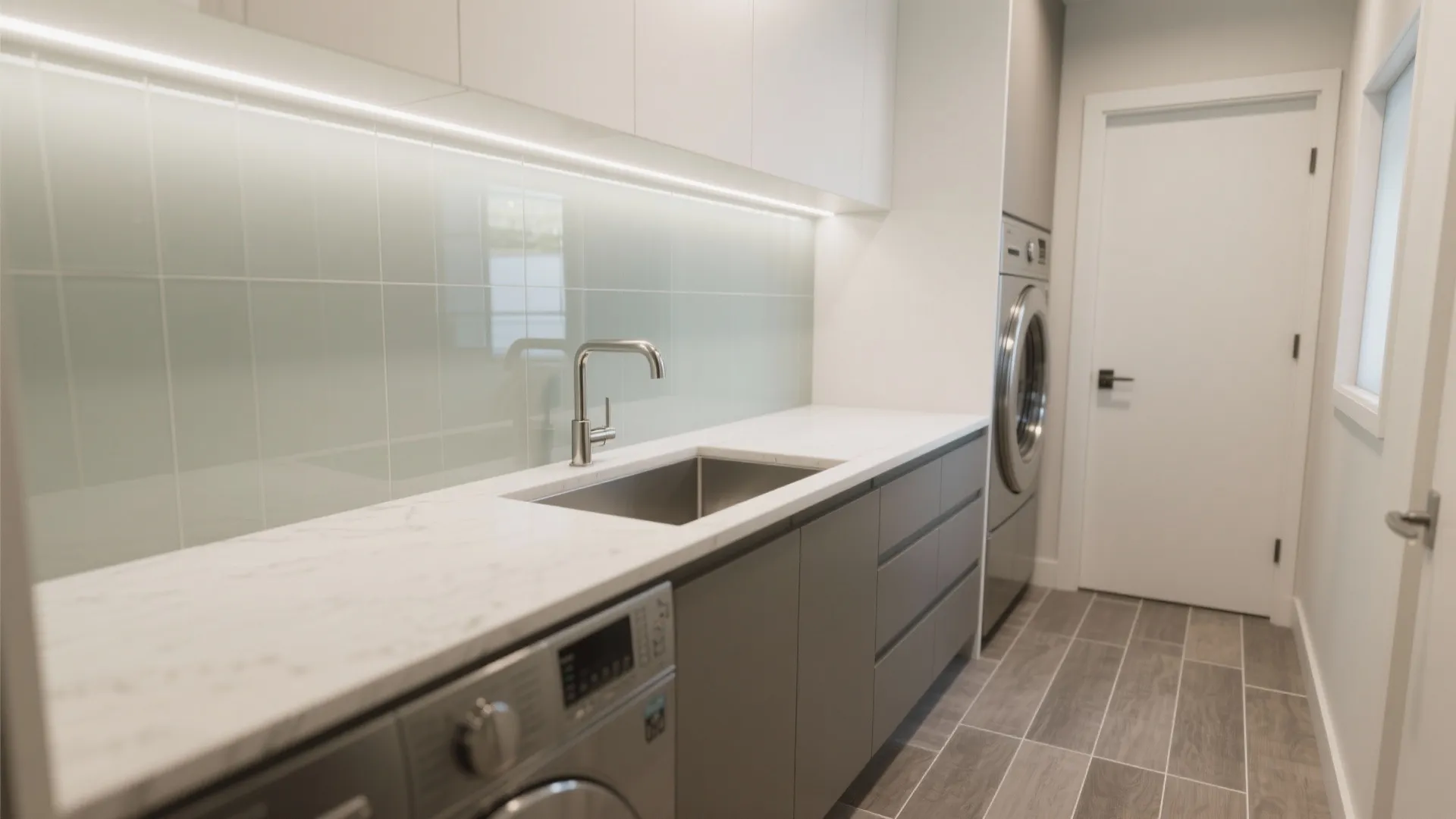 4) Light, Durable Surfaces: Glass Backsplash + Waterproof Floors