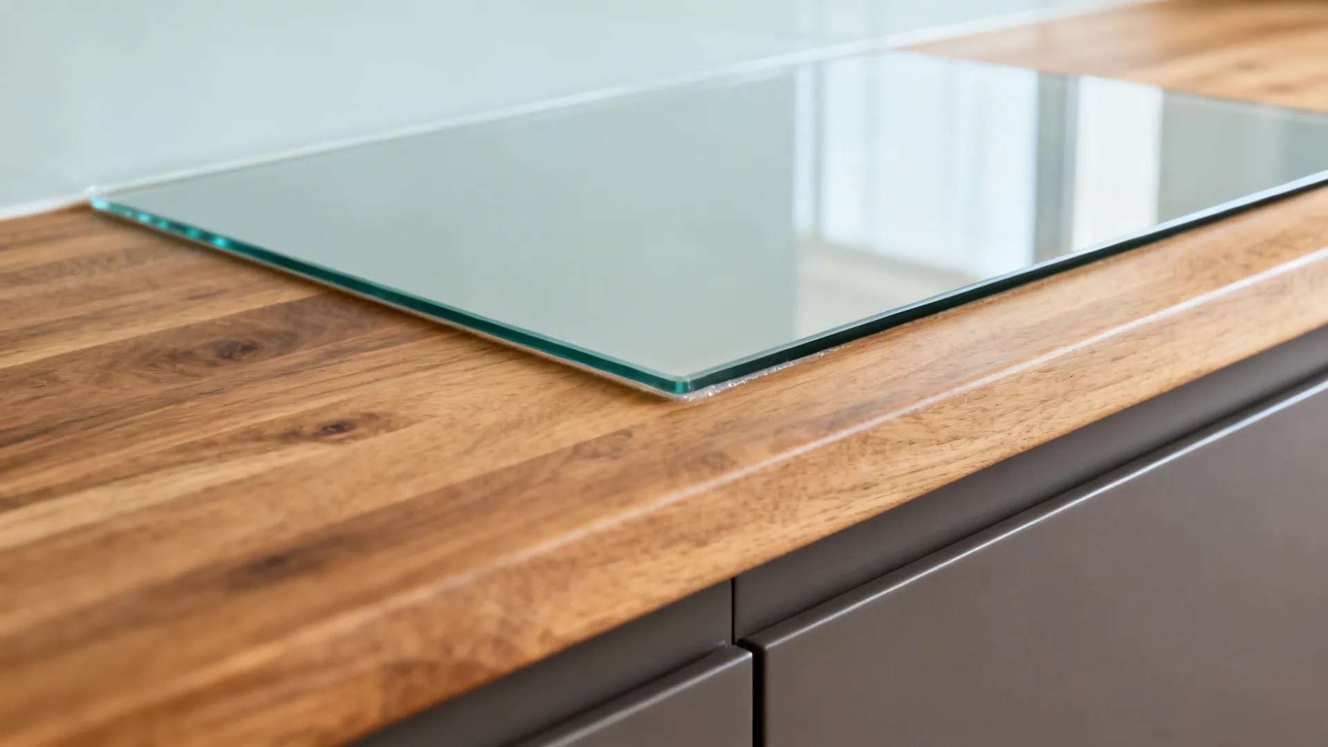 Macro of tempered glass backsplash edge meeting oak countertop and matte cabinet.