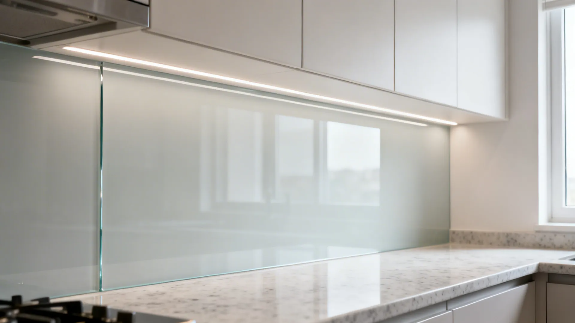 Close-up of low-iron back-painted glass backsplash with soft reflections under LED lighting.