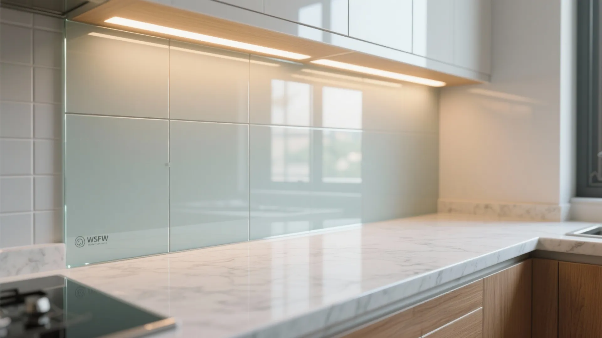 Glass backsplash and reflective finishes to amplify light
