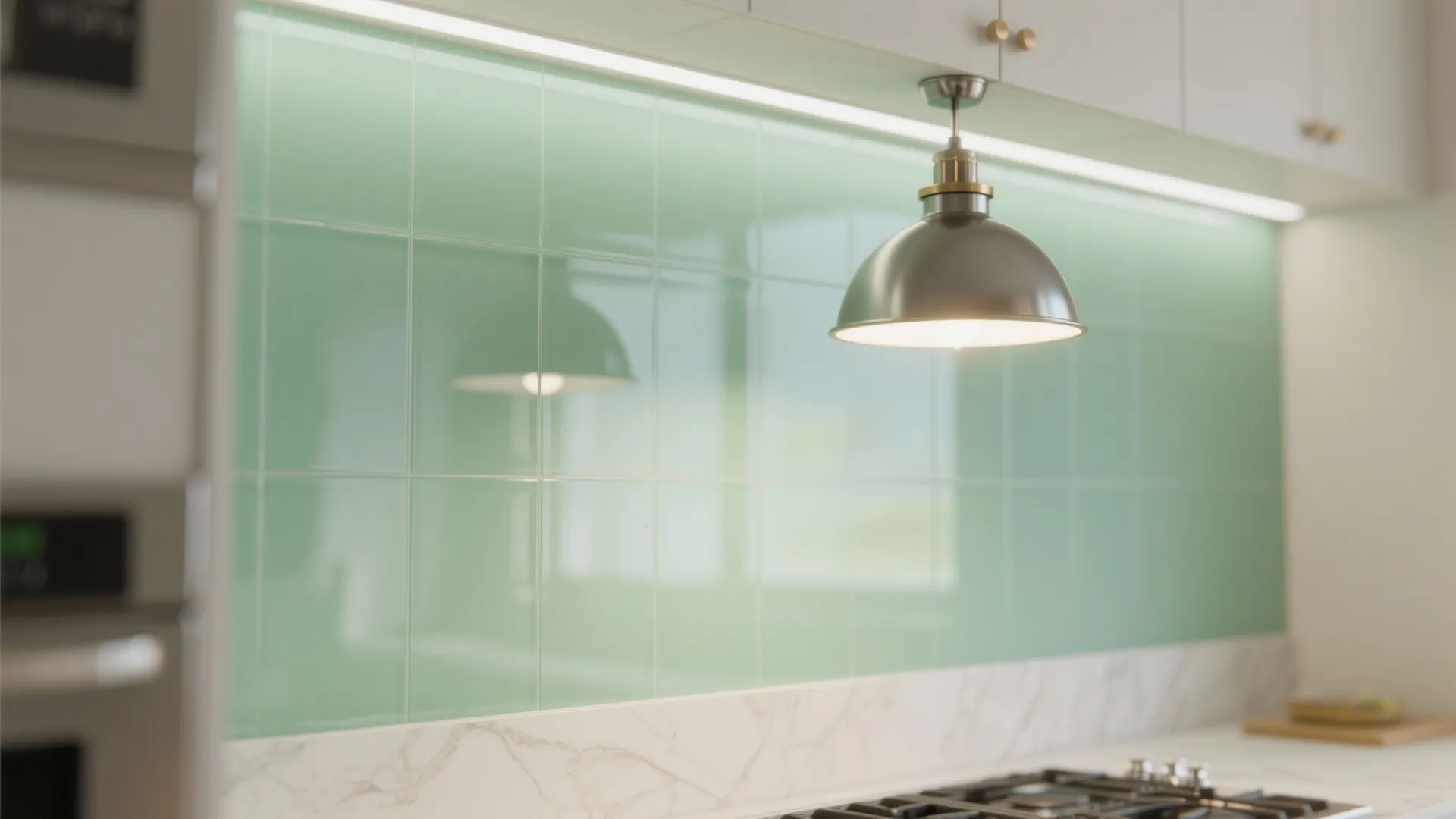 Glass backsplash and reflective finishes for airiness