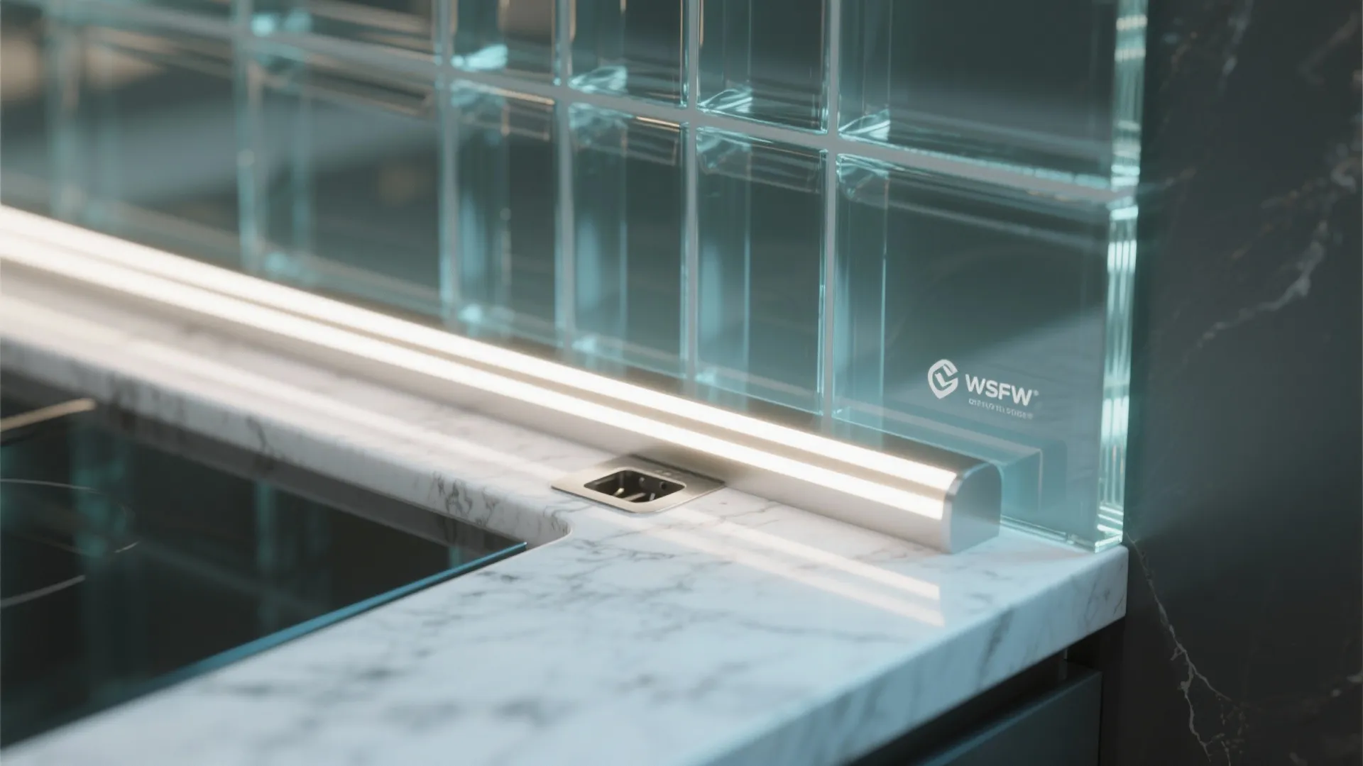 Glass backsplash to bounce light and keep cleaning easy