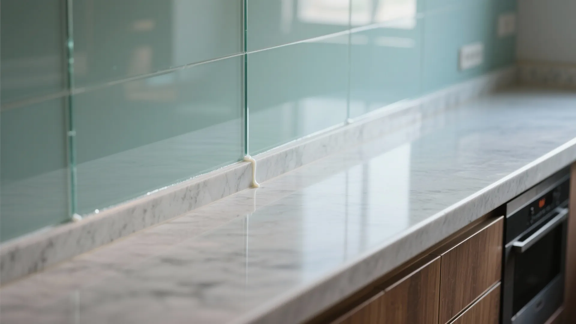 Back-painted glass backsplash for monsoon-ready maintenance