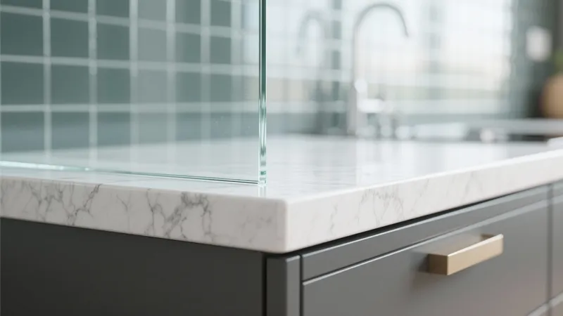 Modern Kitchen Countertop with Marble Finish & Gray Cabinetry