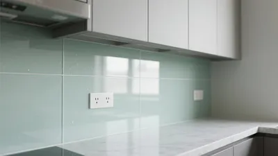 Modern Kitchen with Mint Glass Backsplash & Marble Countertop