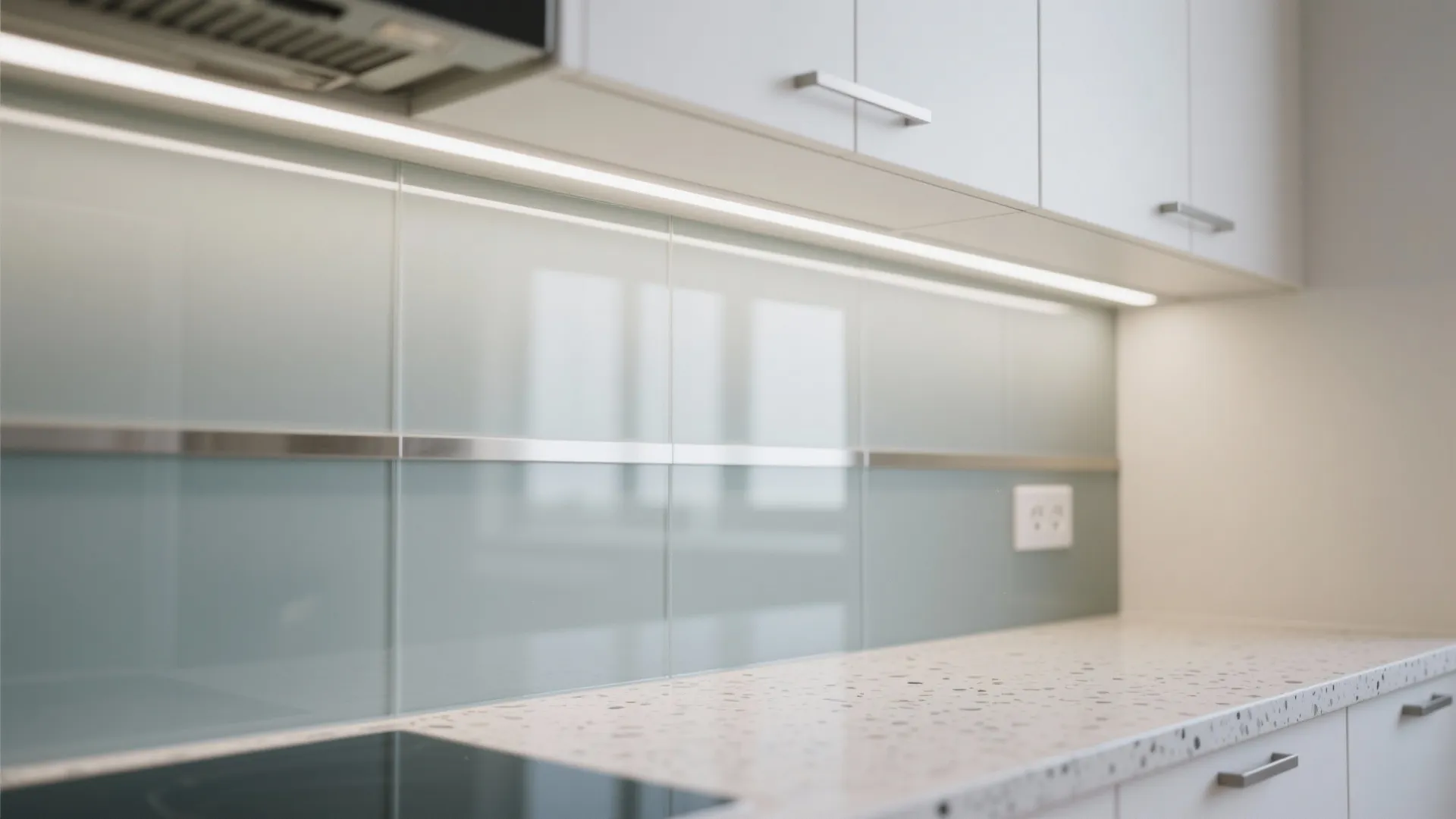 Macro detail of low-iron glass backsplash reflecting task LEDs above a light terrazzo counter.