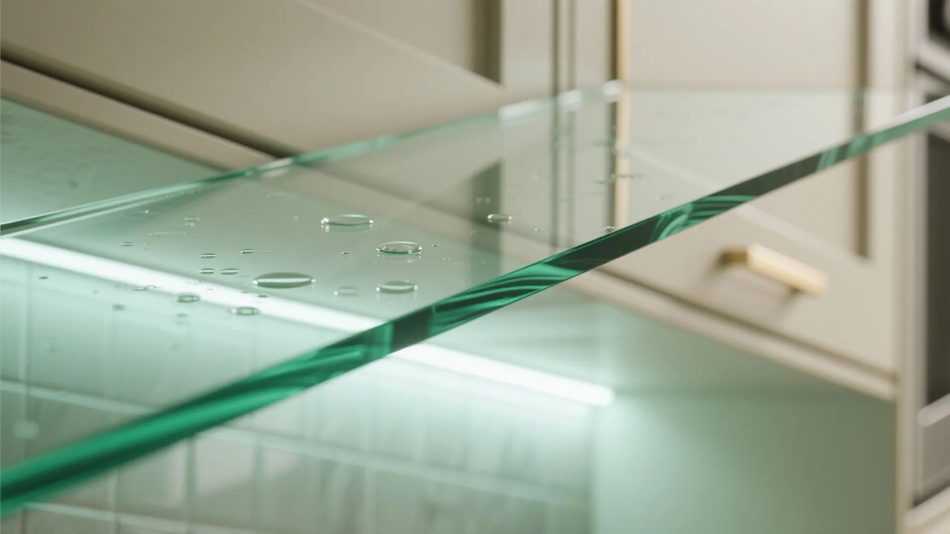 Close up view of clean transparent glass shelf with small water drops in a modern kitchen