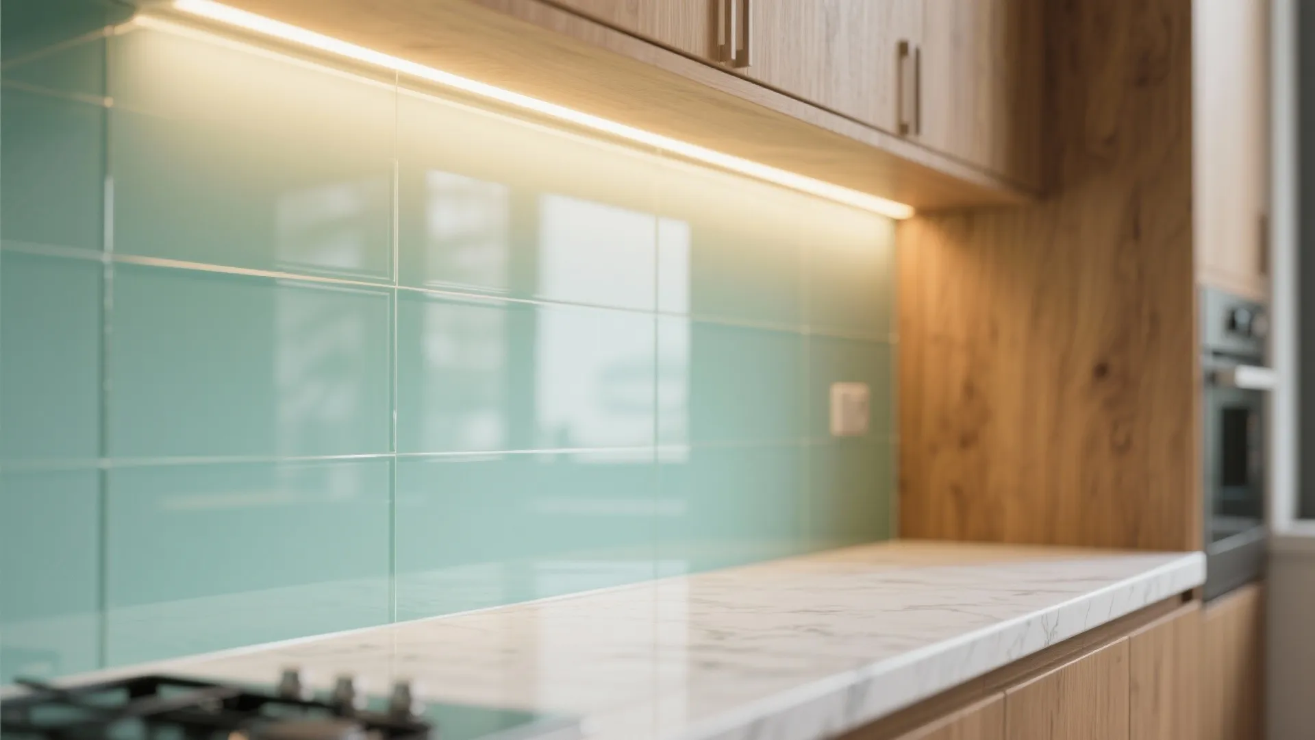 Glass backsplash for brighter feel