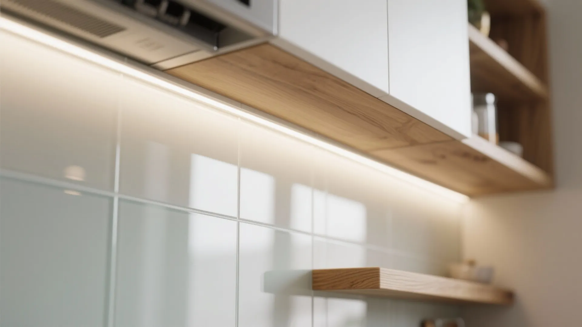 Close up of a bright light fixture under white kitchen cabinets with glass wall tiles