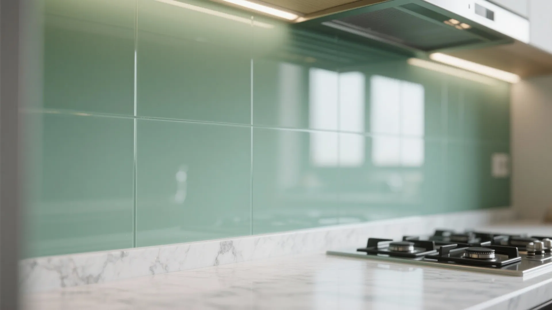 Glass backsplash for airy light and easy cleanup