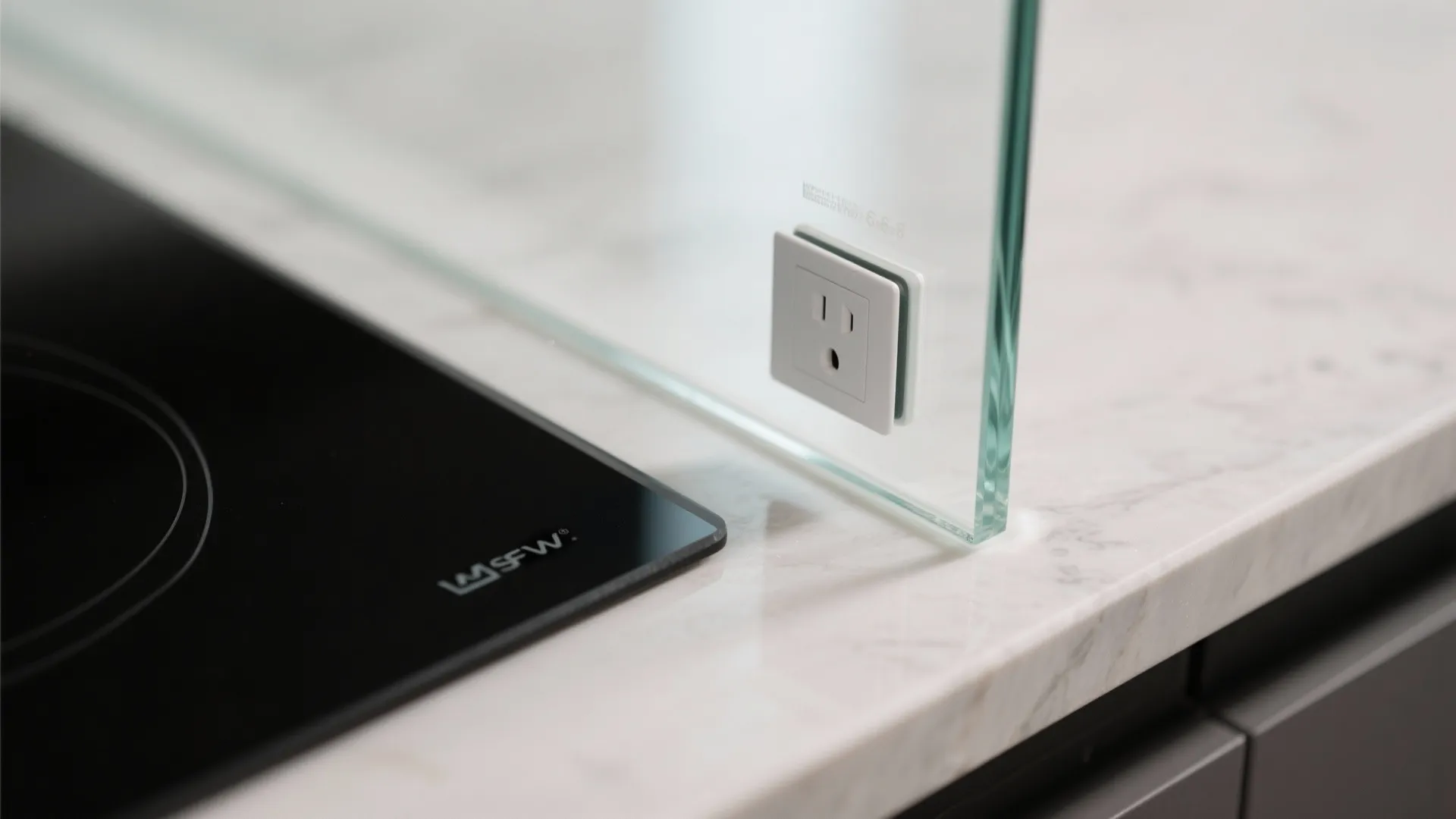 Glass backsplash to bounce light and simplify cleaning