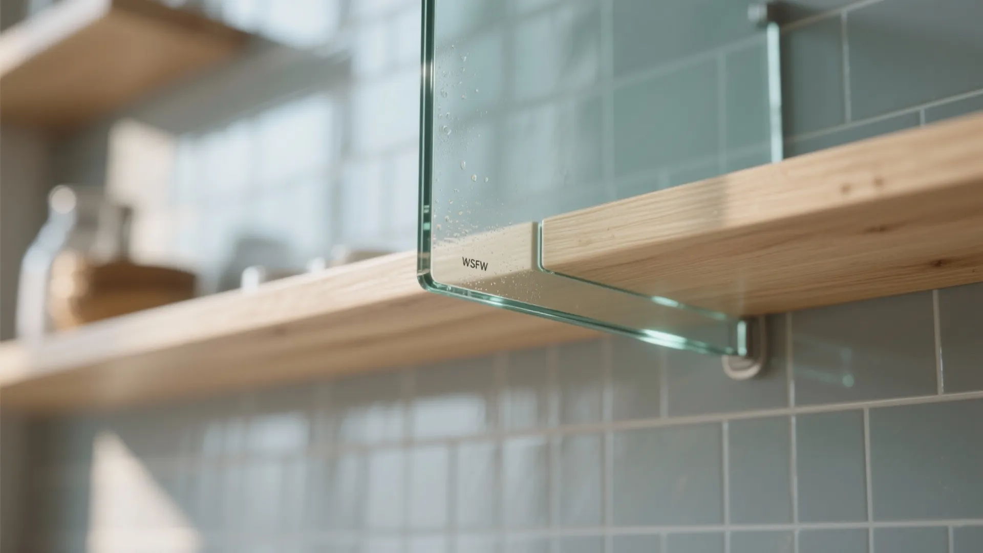 Modern kitchen detail showing glass panel protector installed on wooden shelf with blue tiled wall