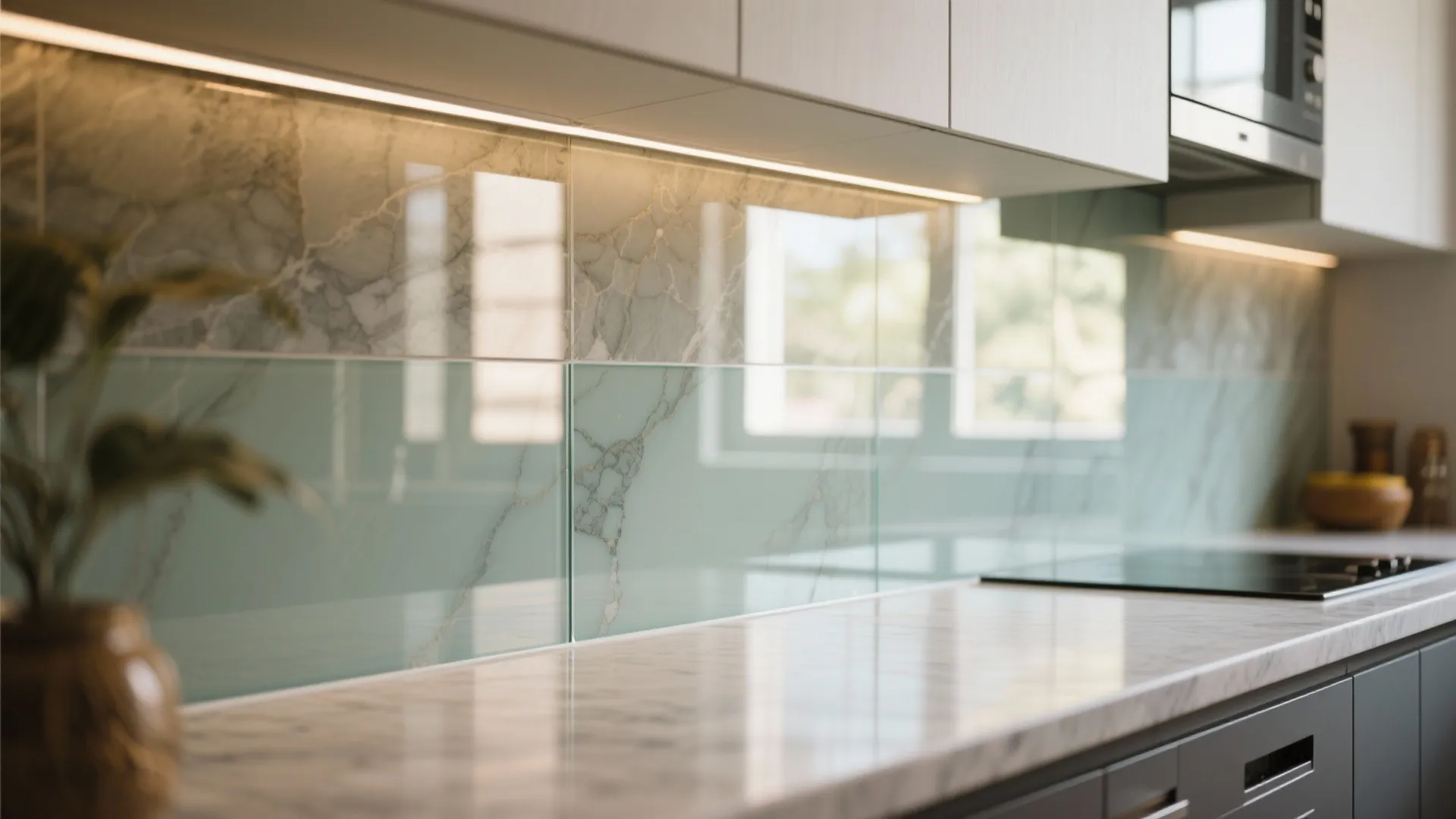 Glass backsplash for light and an airy feel