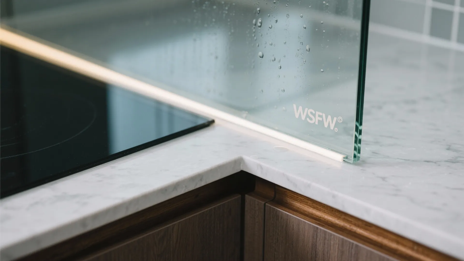 Close up of glass kitchen wall panel on marble countertop near stove with small water drops