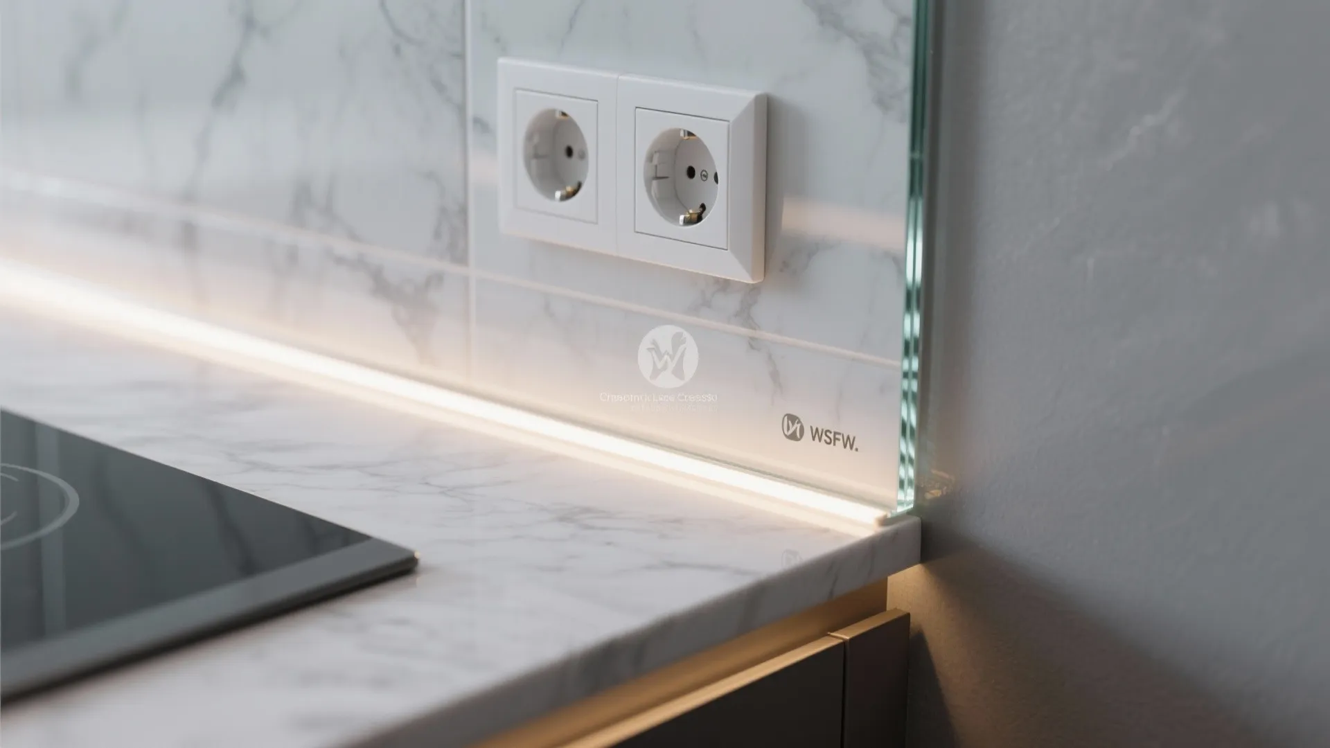 Close up of glass wall panel with marble pattern two power outlets and integrated led lighting