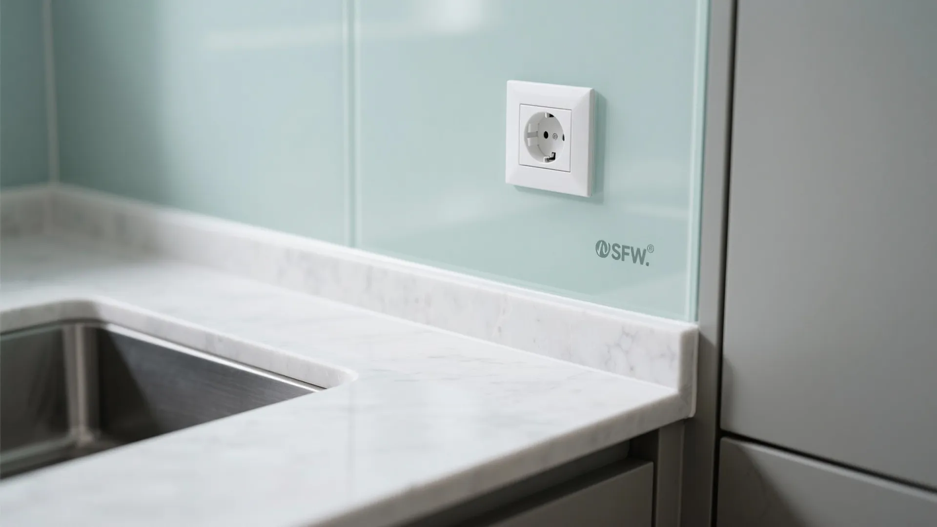 Light blue glass kitchen wall behind marble countertop with single white electrical power wall socket