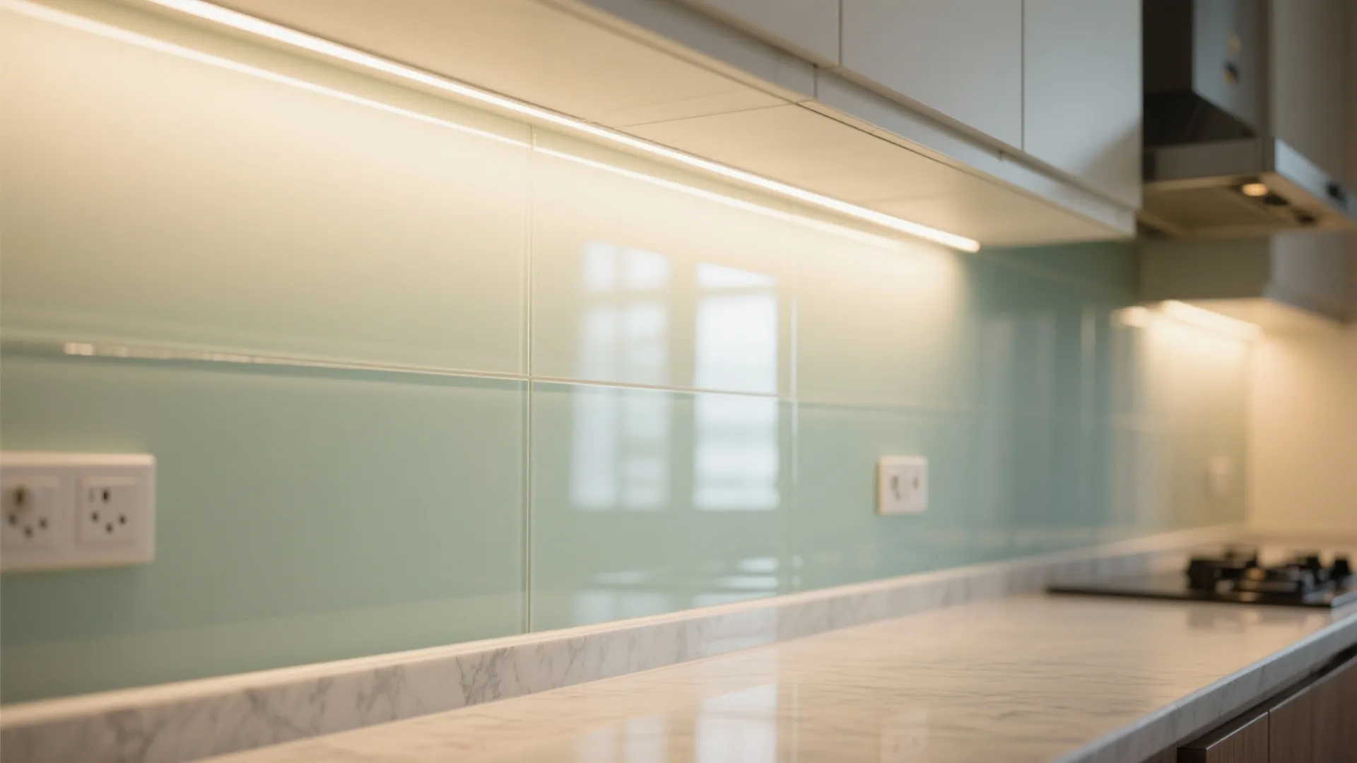 Modern kitchen with marble countertop, light green glass wall, and warm light under white cabinets