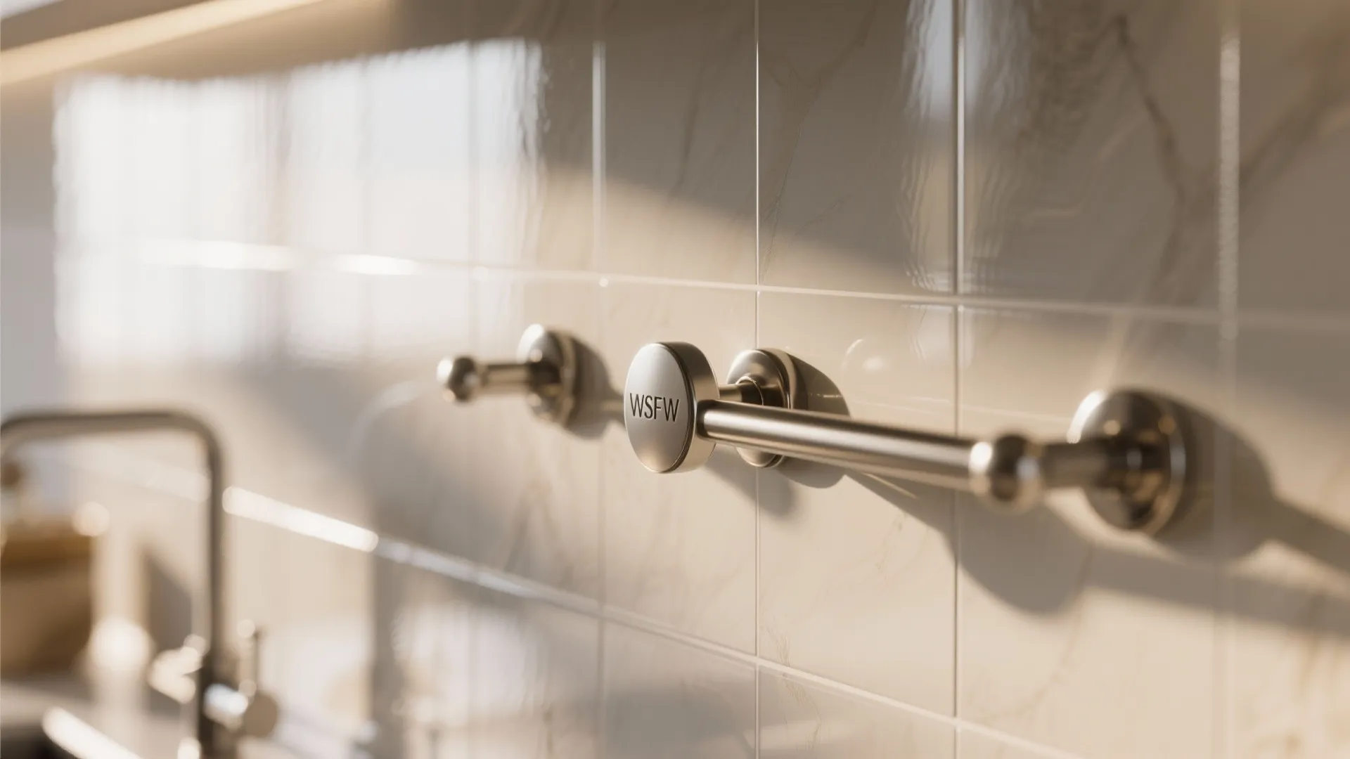 Close up of kitchen wall tiles with a horizontal metal rail and soft natural sunlight lighting