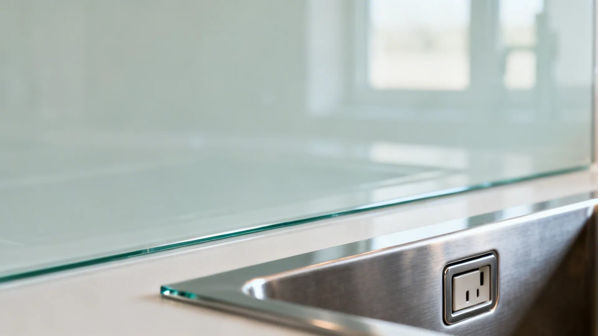 Macro of low-iron glass backsplash with polished edge and precise outlet cutout.