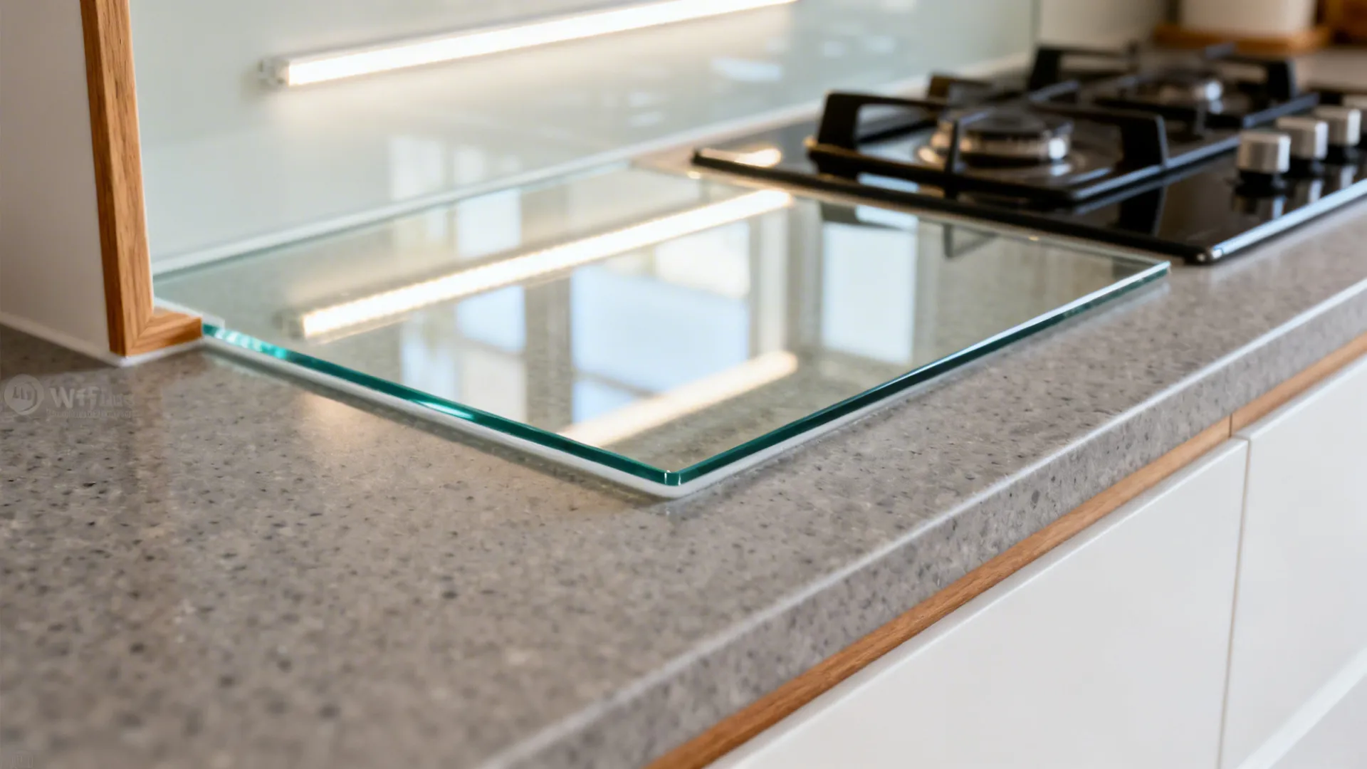 Macro detail of a clear low-iron glass backsplash reflecting warm LED light above a gray quartz counter.