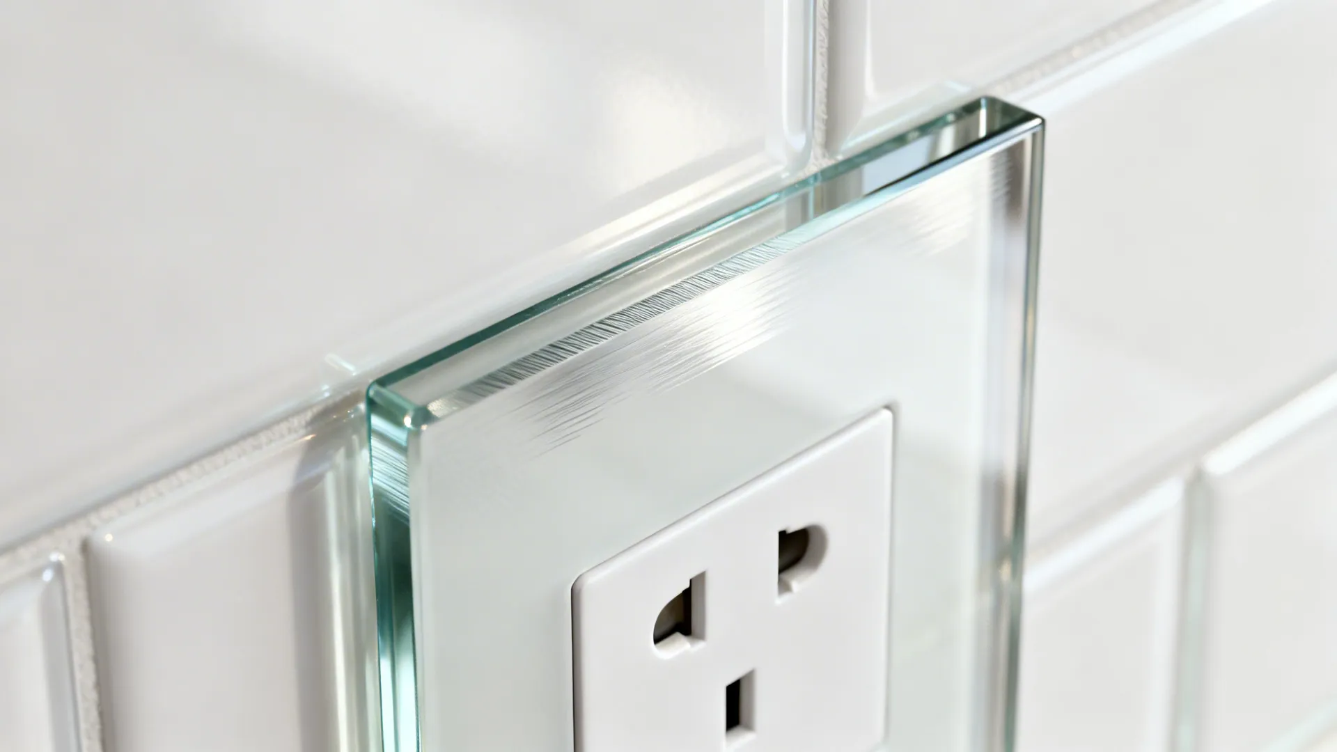 Macro of satin tempered glass backsplash with low-iron clarity and precise outlet cutout.