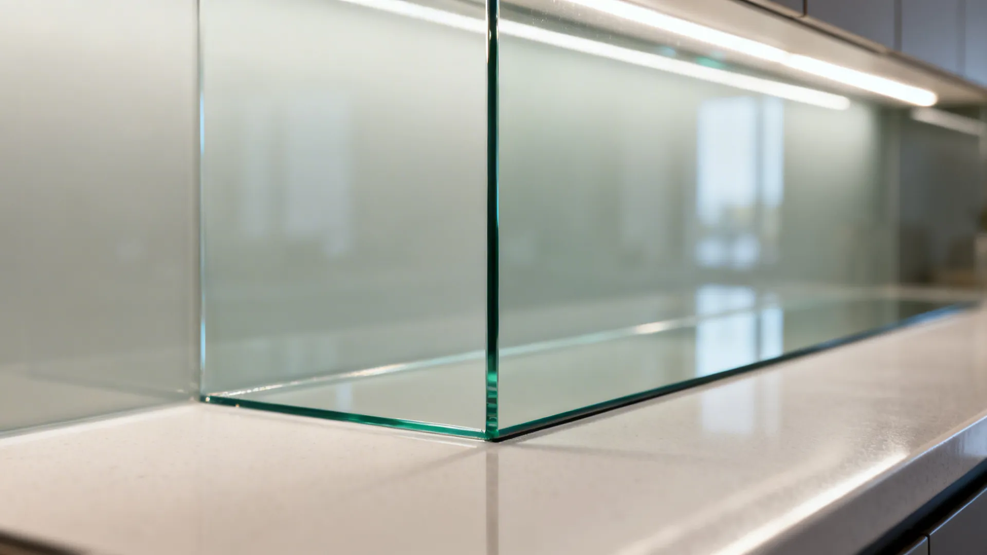 Close up of a shiny glass kitchen wall panel installed on a white stone countertop