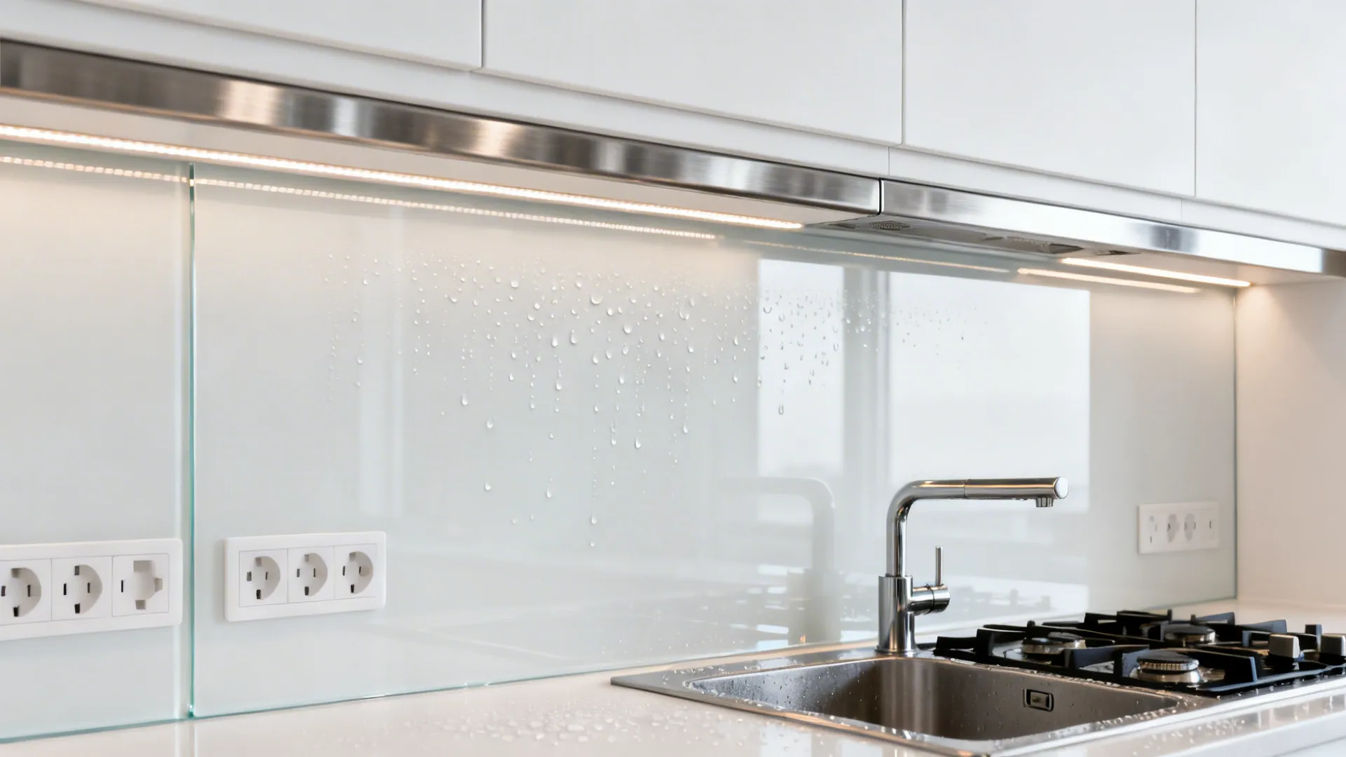Close up of glass wall panel behind kitchen sink with water drops and light fixture