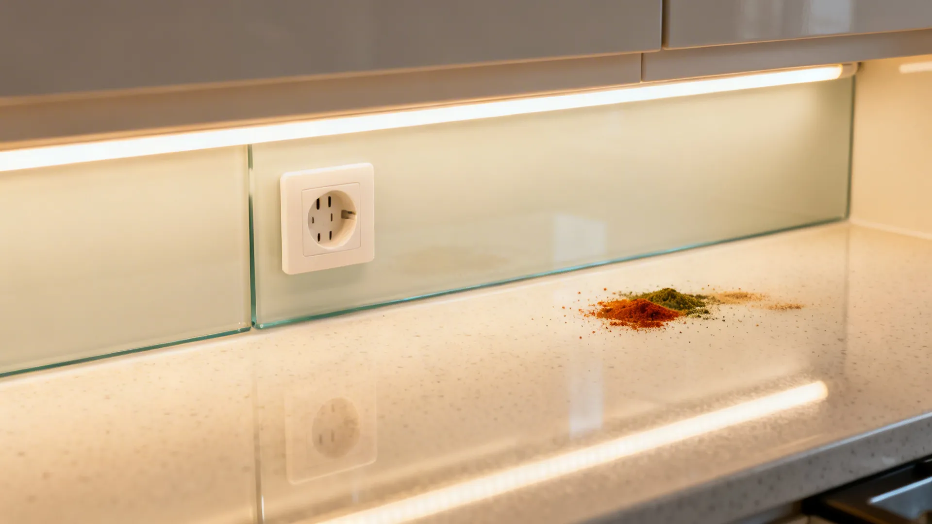 Macro of low-iron back-painted glass backsplash reflecting warm LED light with precise socket cutouts.