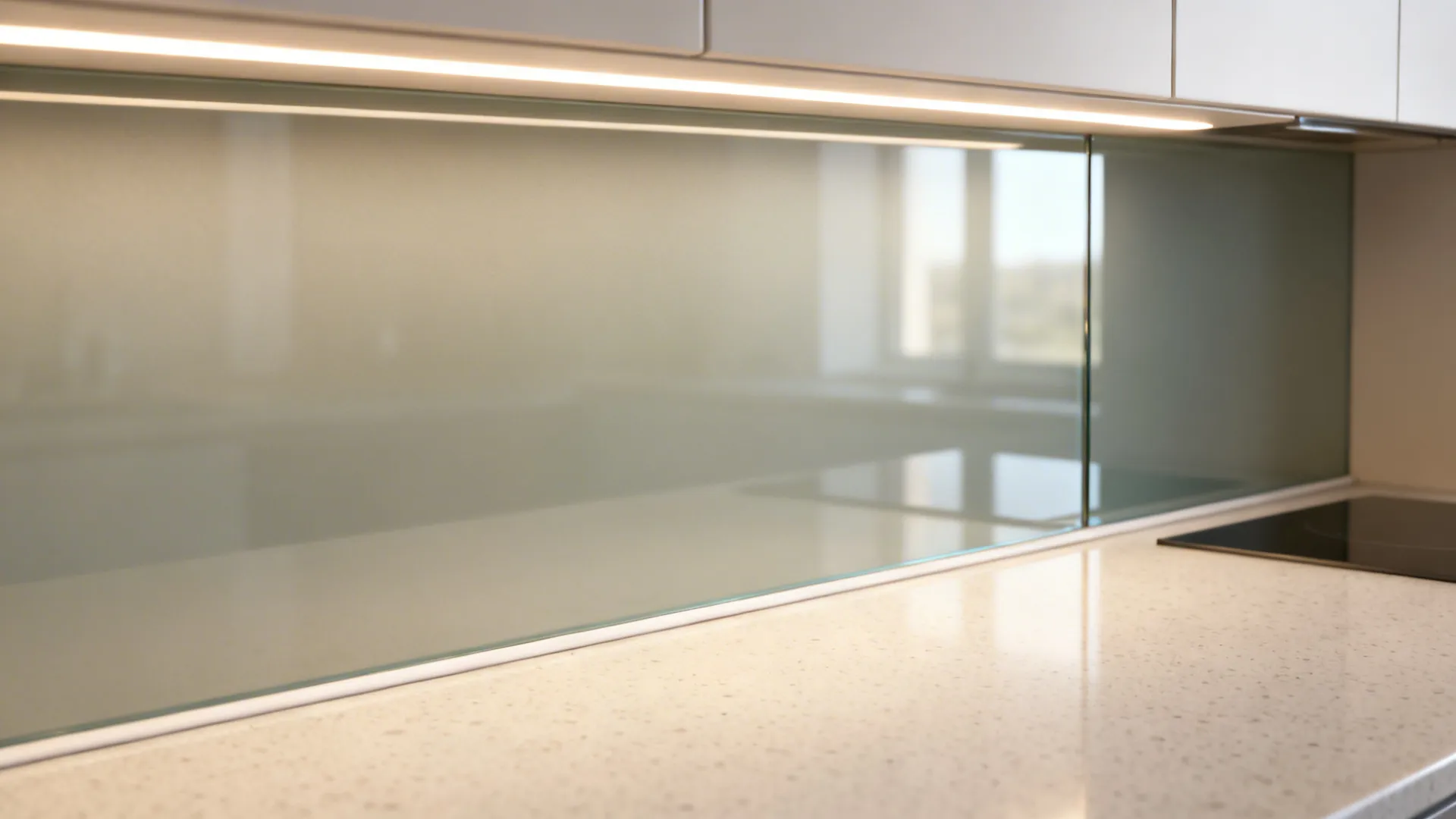 Macro detail of satin glass backsplash reflecting continuous under-cabinet lighting over pale quartz.