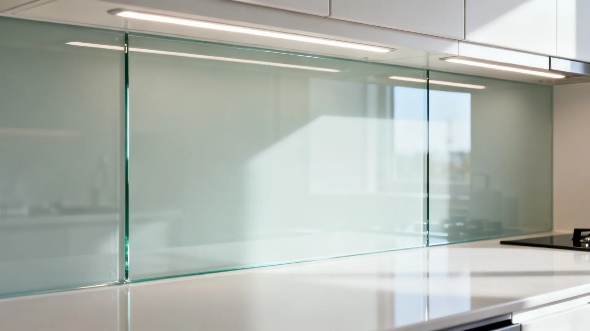 Close up view of light green glass kitchen wall panel under bright white cabinet light