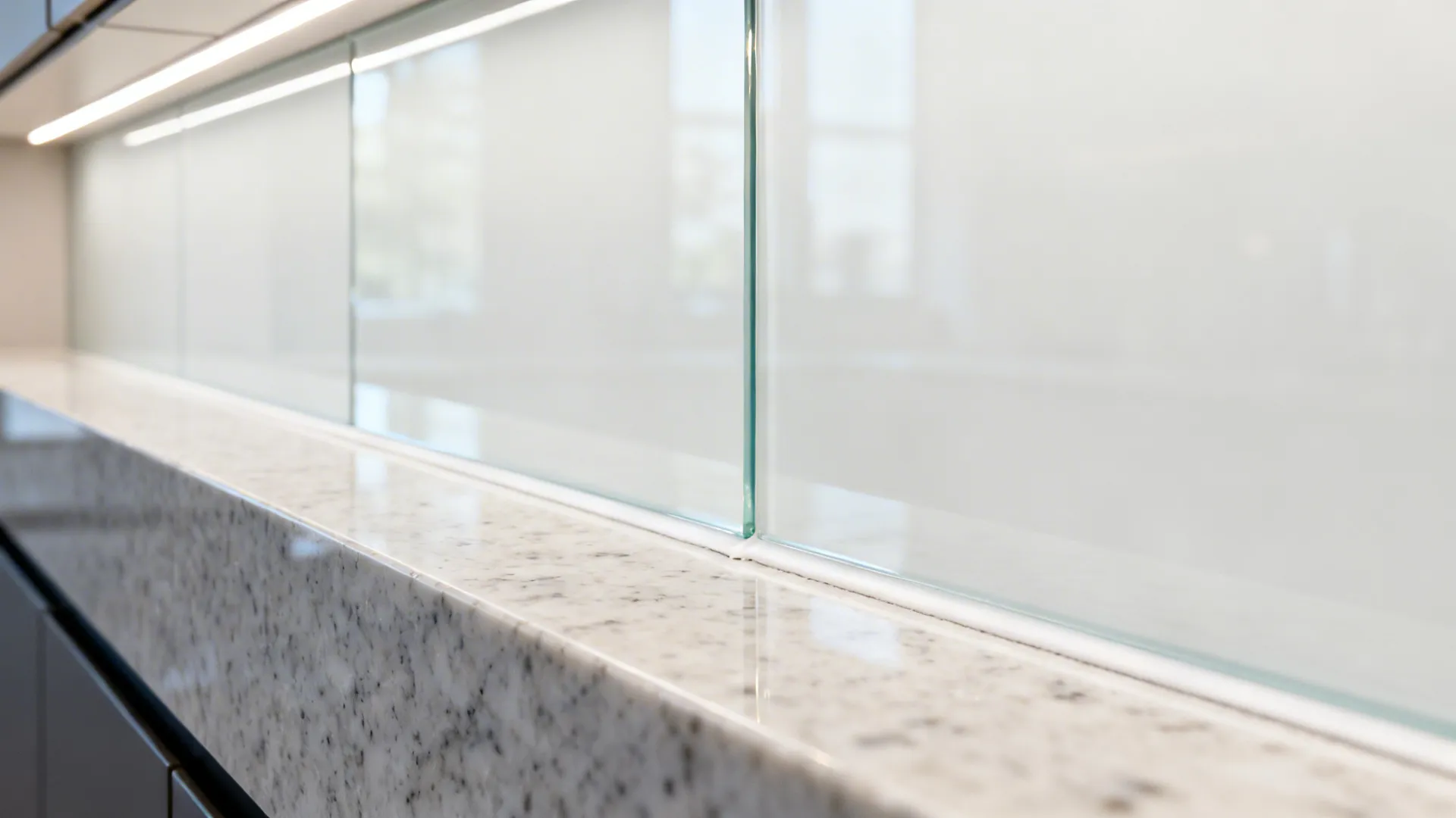 Macro of low-iron white glass backsplash edge meeting quartz countertop with LED reflection.
