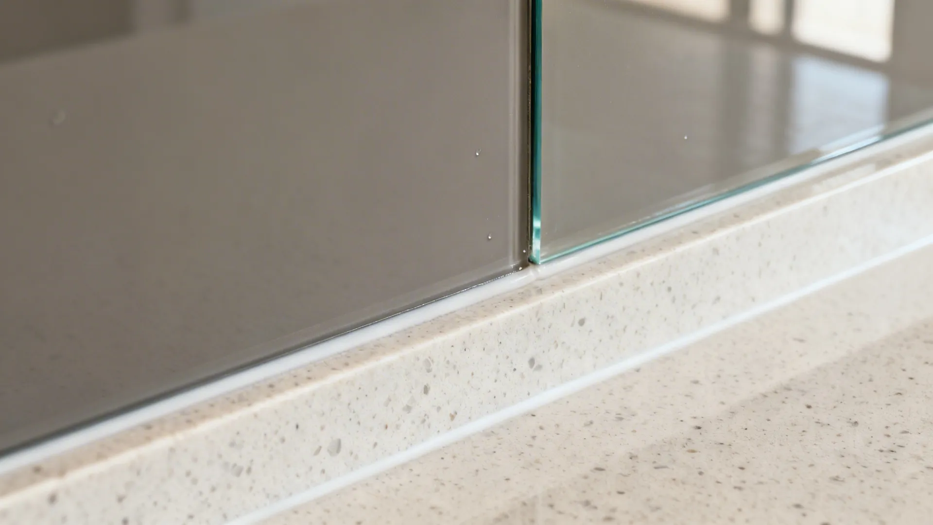 Macro of low-iron glass backsplash with clean joint over quartz countertop.
