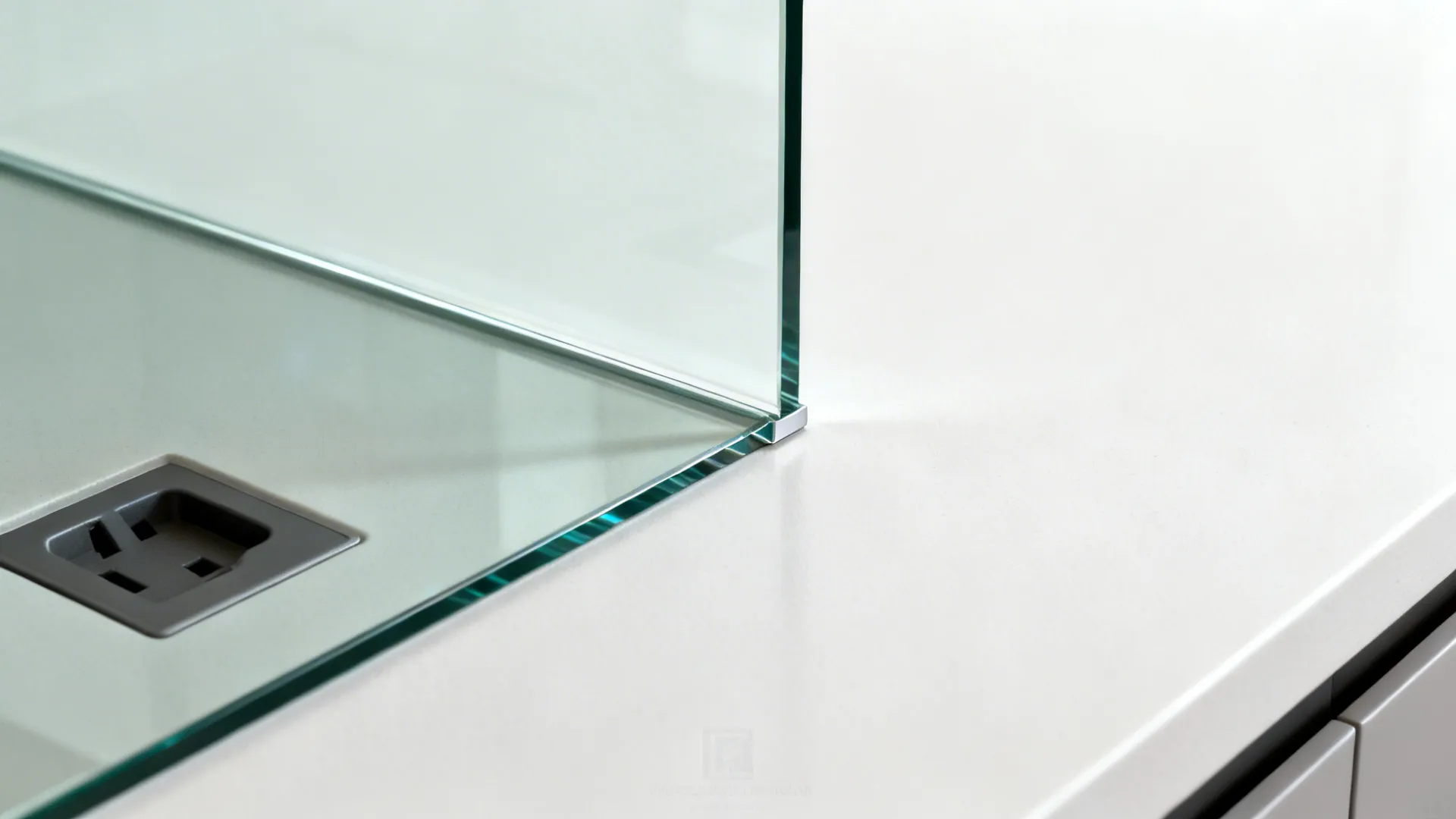Macro of low-iron glass backsplash with precise cutout meeting a matte counter
