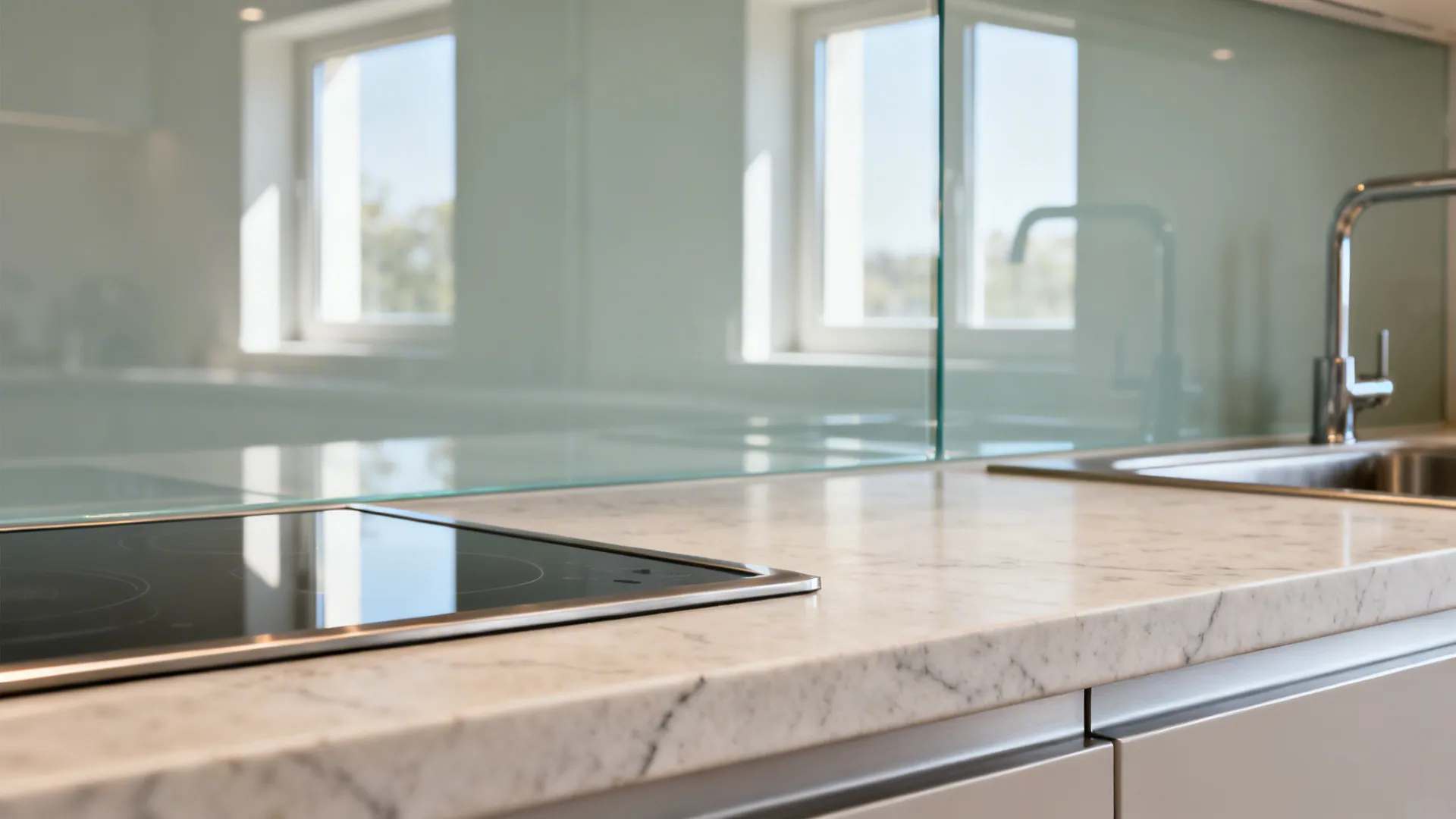 Macro detail of a low-iron tempered glass backsplash reflecting daylight from two kitchen windows.