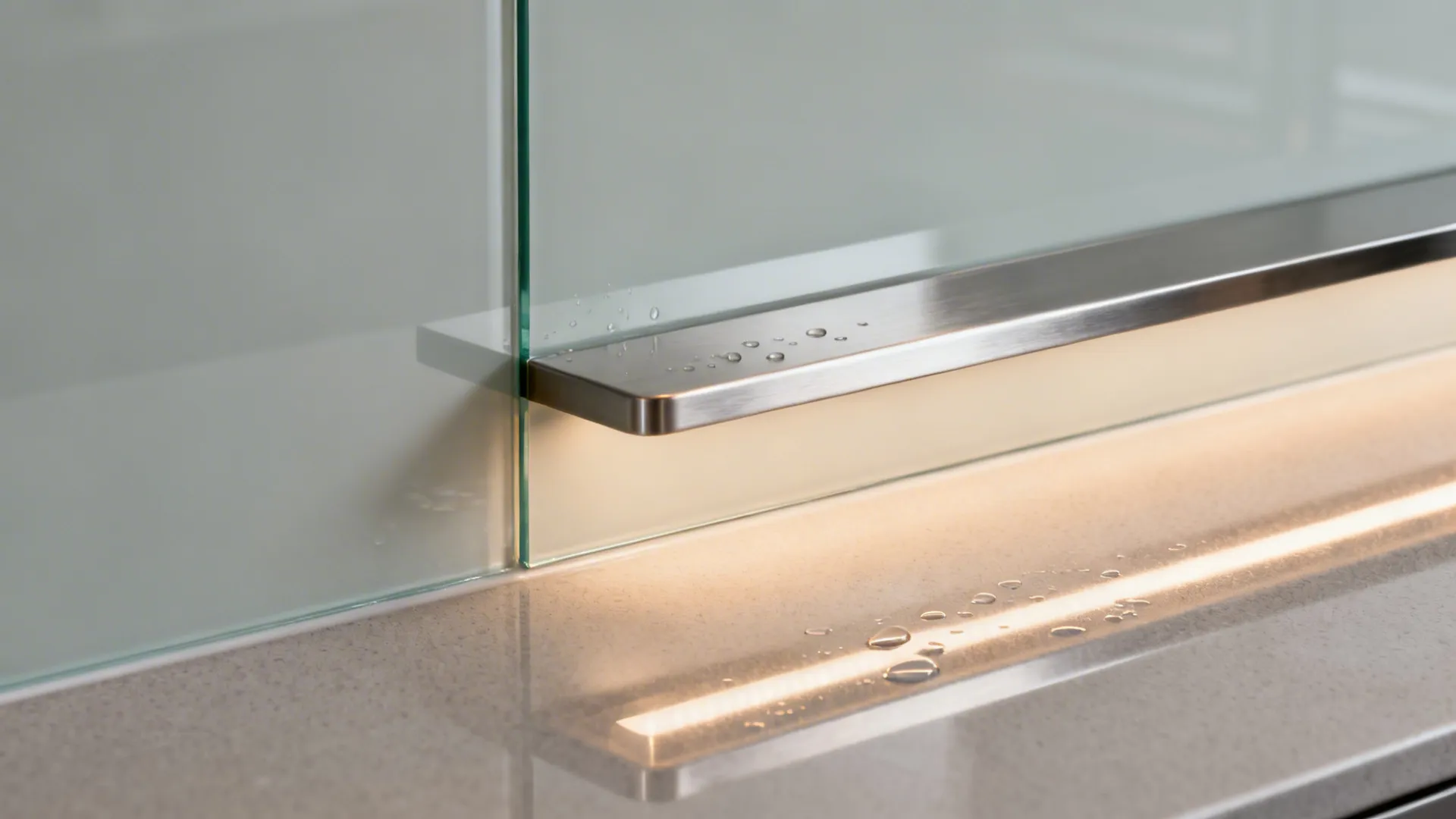 Close-up of pale grey back-painted glass with a brushed stainless shelf and warm-toned counter.