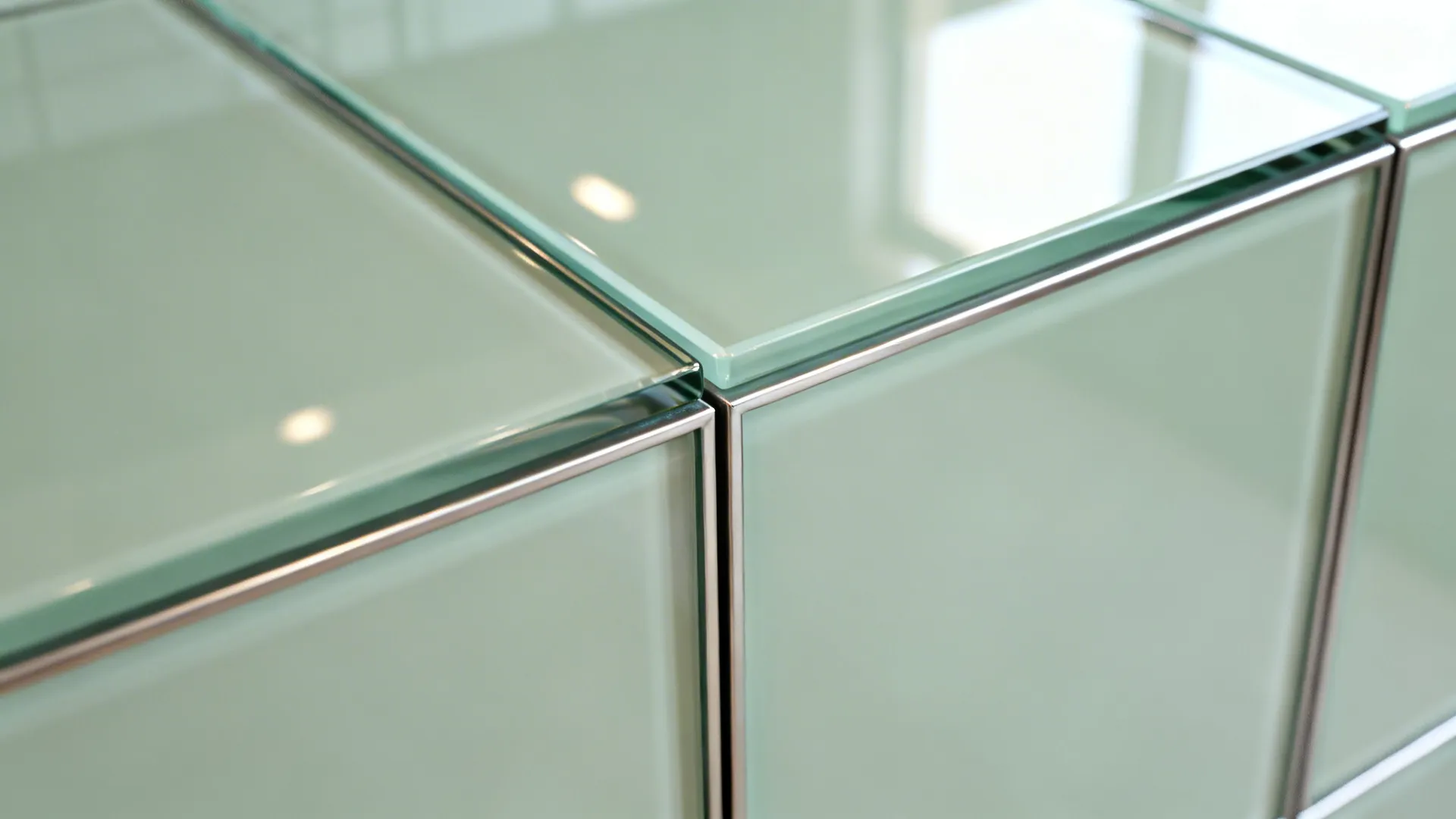 Macro detail of pale sage glass backsplash with crisp metal trim and soft reflections.