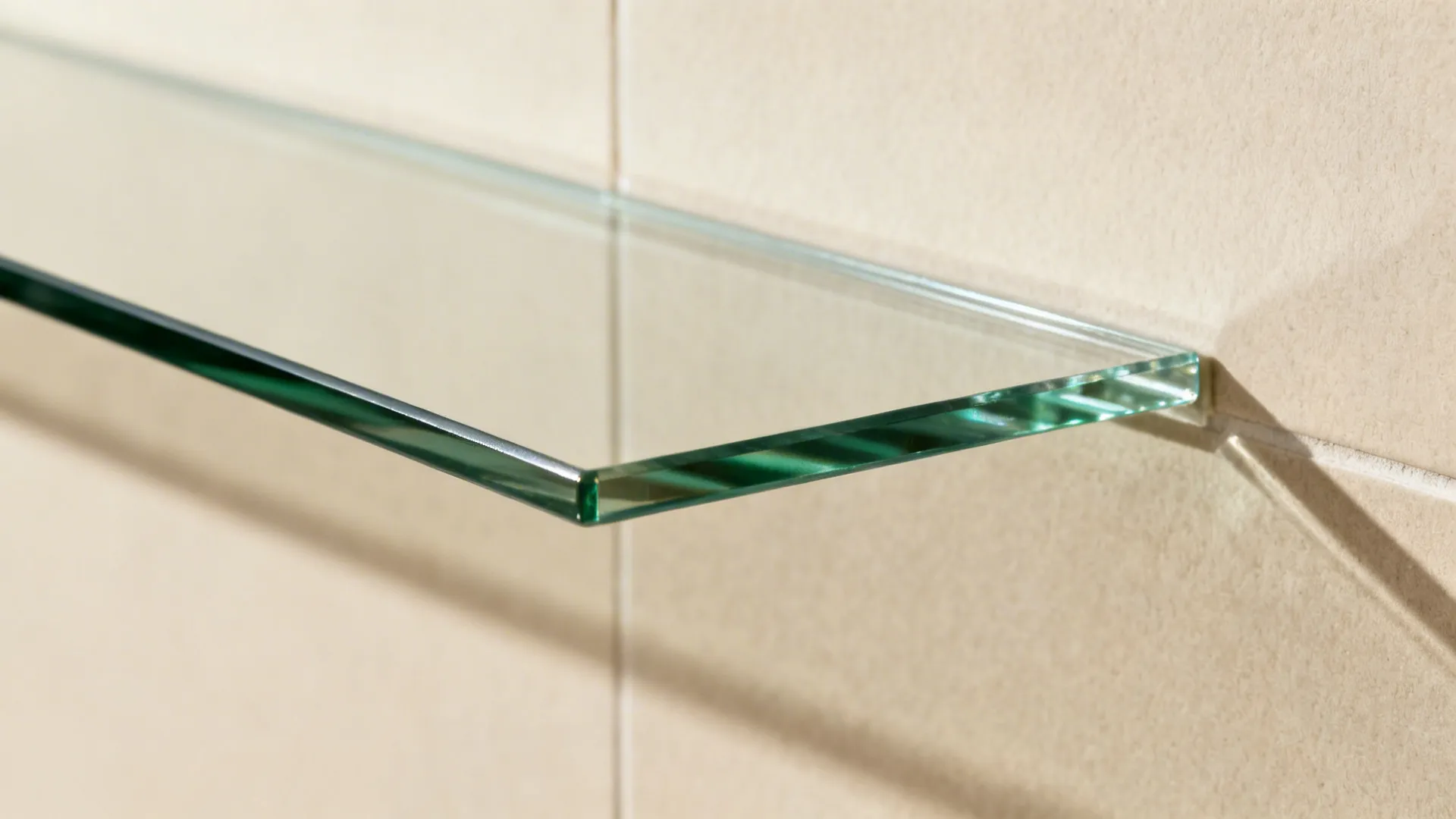 Close up of a thick clear glass shelf edge mounted on a light beige textured wall